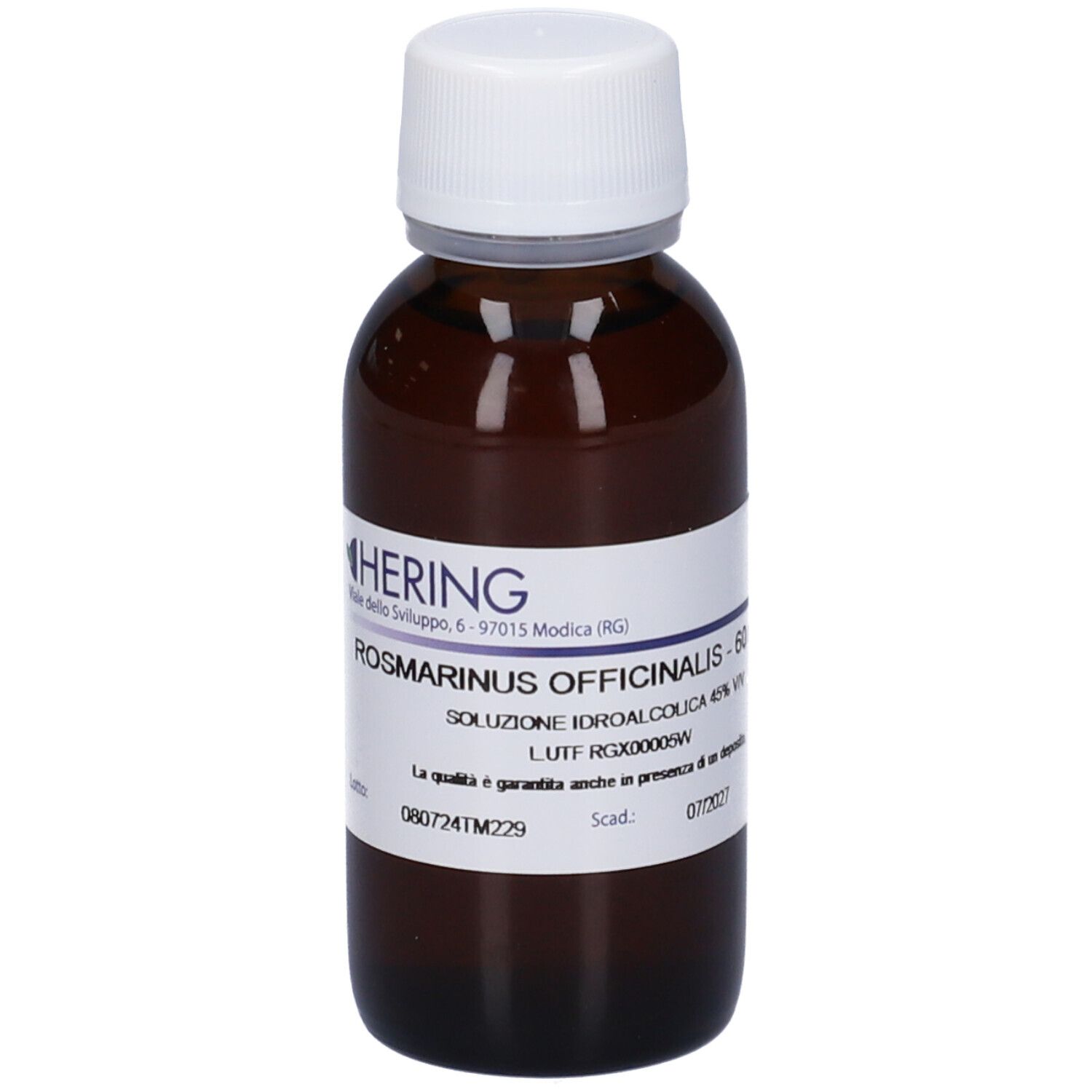 Flacone di vetro marrone con tappo bianco. Etichetta con testo. Rosmarinus Officinalis - 60 ml.