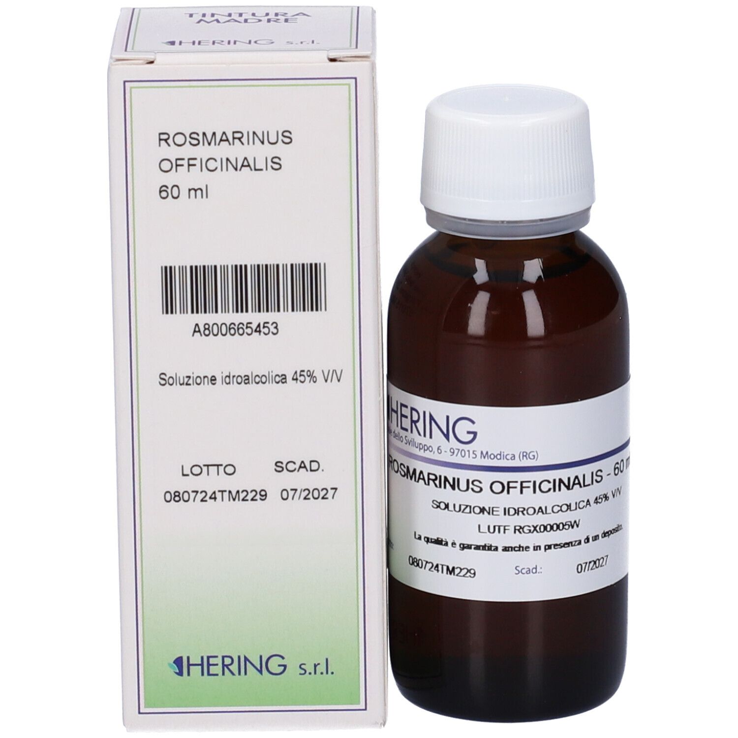 Flacone di vetro marrone con tappo bianco e scatola. Scatola con testo e codice a barre. HERING Rosmarinus Officinalis.