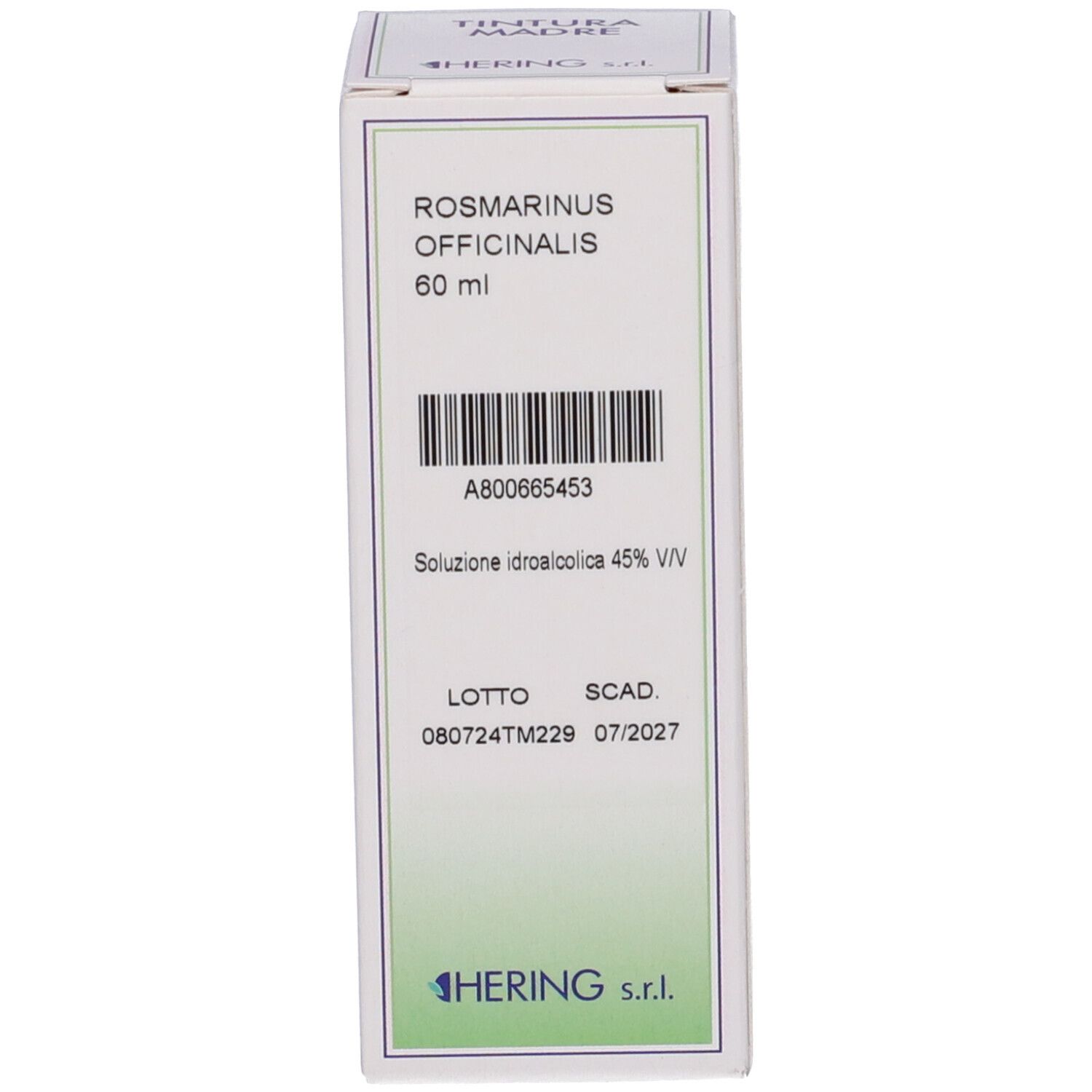 Scatola con testo e codice a barre. HERING Rosmarinus Officinalis 60 ml. Scritta: Tintura Madre.