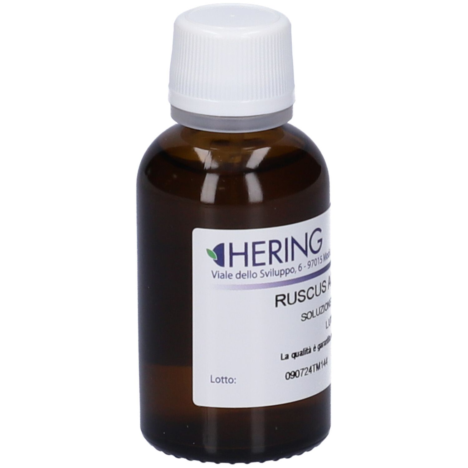 Flacone di vetro marrone con tappo bianco ed etichetta. Scritte: HERING, RUSCUS ACULEATUS, Soluzione. Etichetta con logo.
