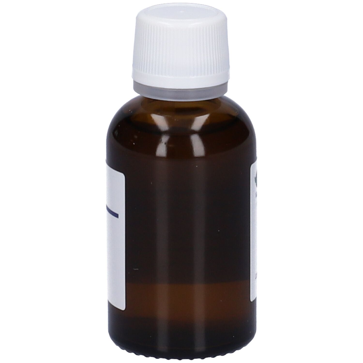 Flacone di vetro marrone con tappo bianco ed etichetta. Etichetta con testo. Flacone su sfondo chiaro.