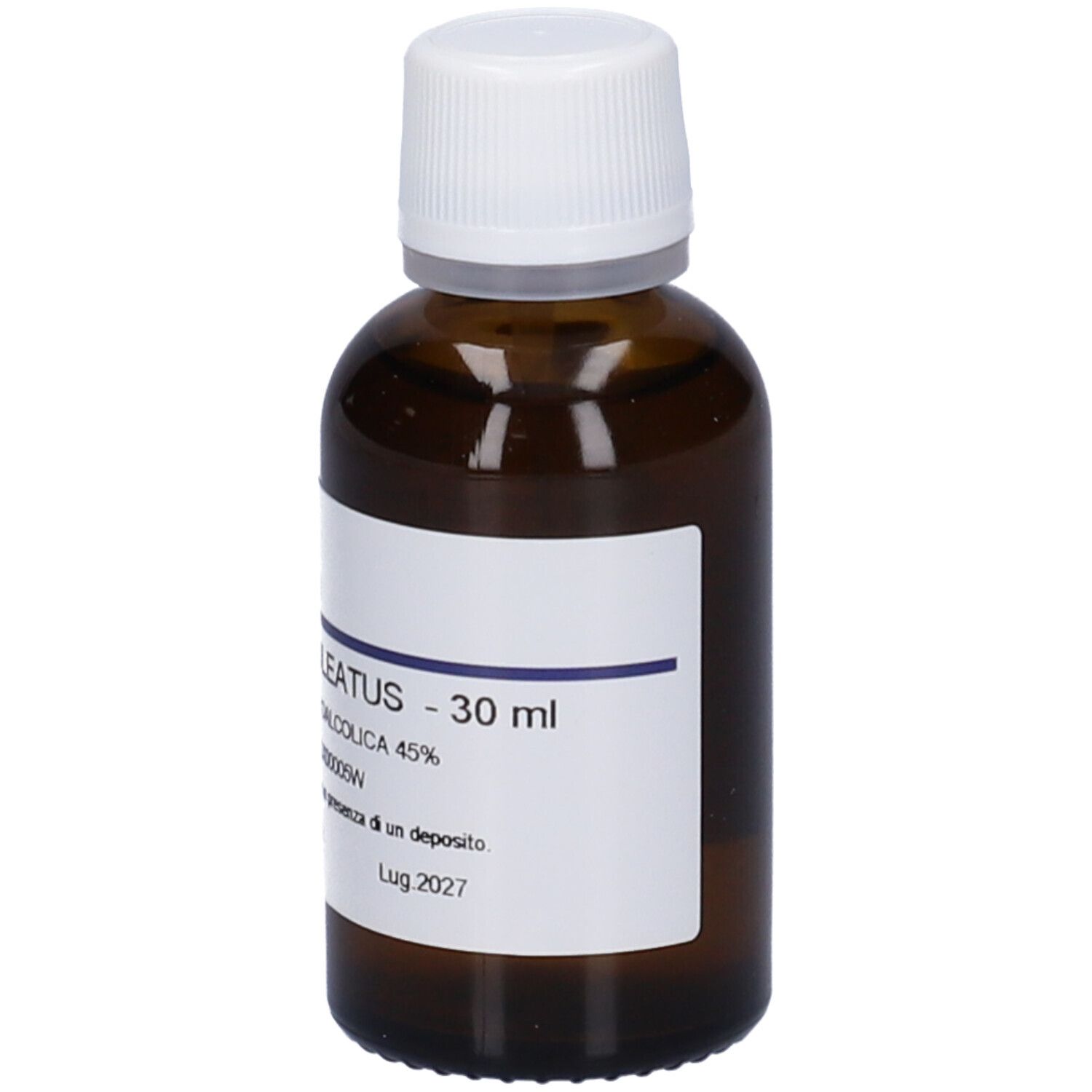 Flacone di vetro marrone con tappo bianco ed etichetta. Scritte: RUSCUS ACULEATUS - 30 ml, Soluzione. Scadenza: Lug 2027.
