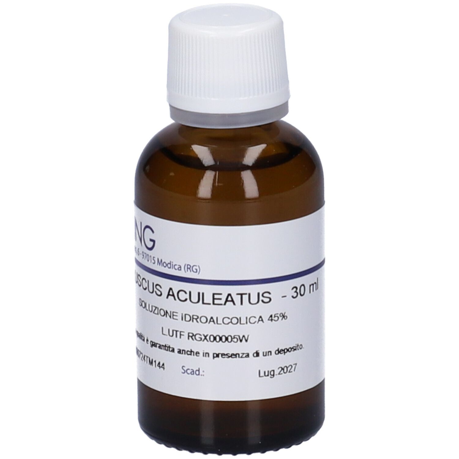 Flacone di vetro marrone con tappo bianco ed etichetta. Scritte: RUSCUS ACULEATUS - 30 ml, Soluzione. Scadenza: Lug 2027.