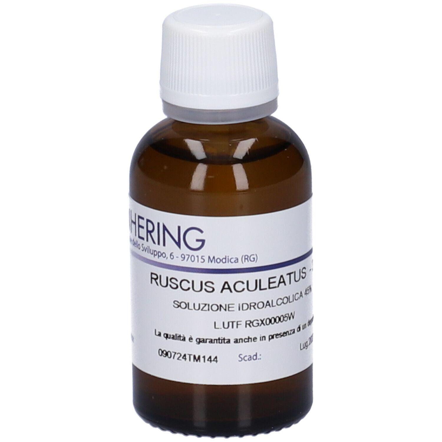 Flacone di vetro marrone con tappo bianco ed etichetta. Scritte: RUSCUS ACULEATUS - 30 ml, Soluzione. Etichetta con logo.