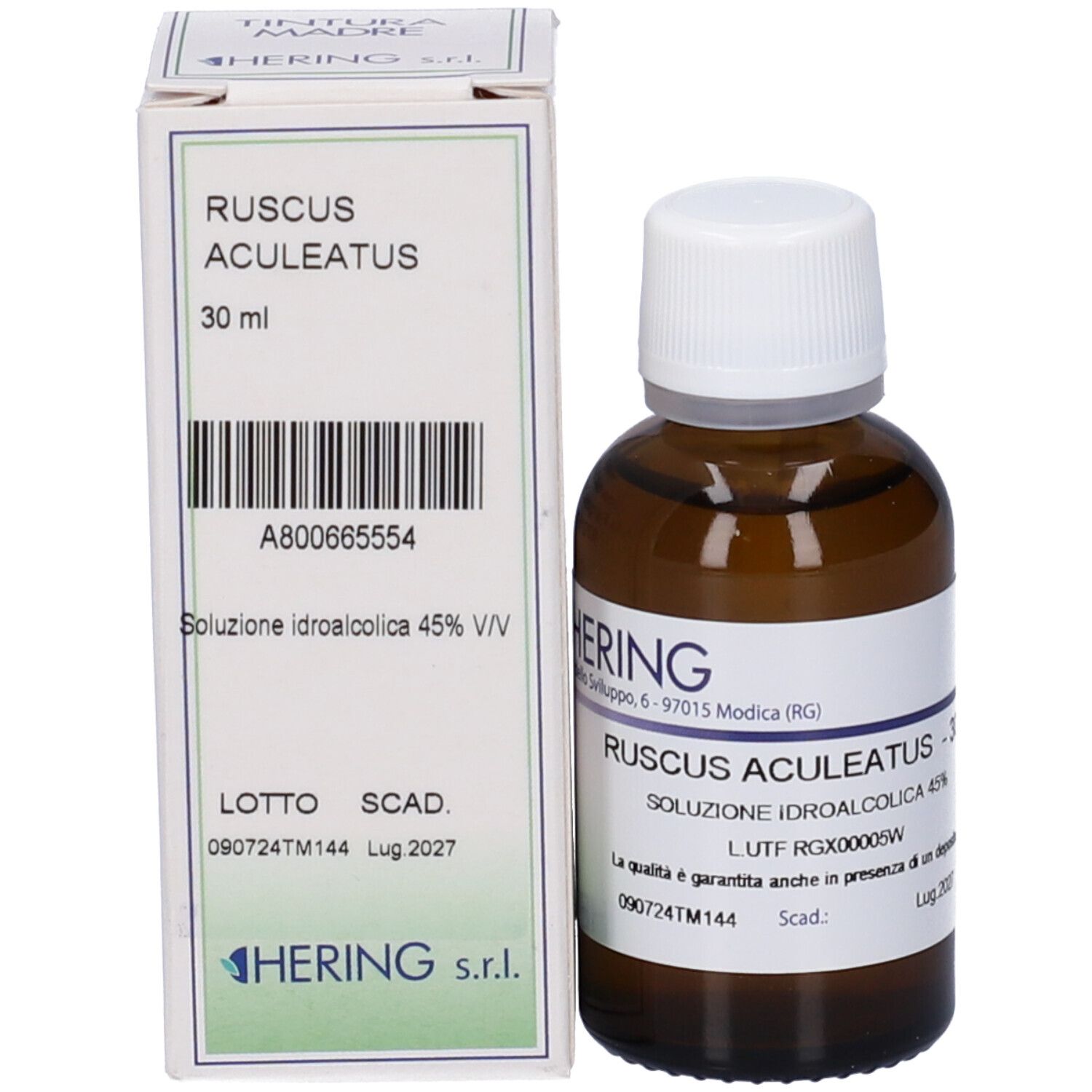 Flacone di vetro marrone con tappo bianco ed etichetta, accanto a scatola. Scritte: RUSCUS ACULEATUS, 30 ml. Scadenza: Lug 2027.