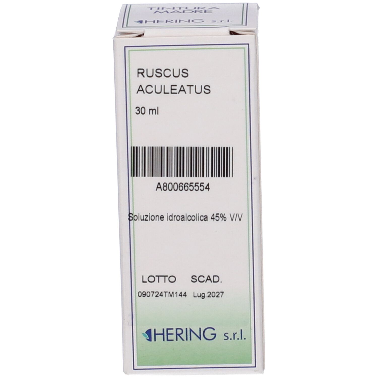 Scatola con scritte: RUSCUS ACULEATUS, 30 ml. Scadenza: Lug 2027. Logo HERING.
