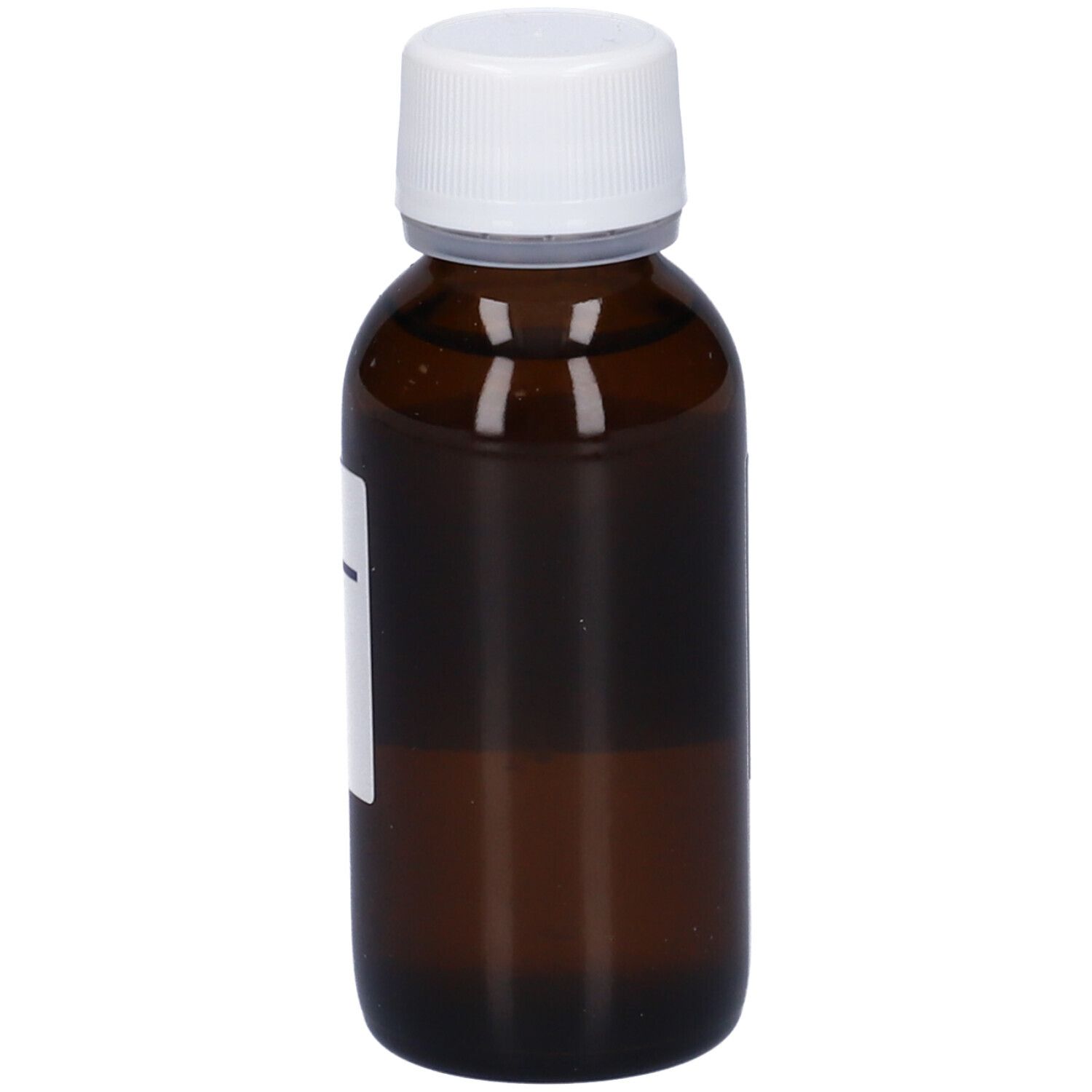 Flacone di vetro marrone con tappo bianco ed etichetta. Etichetta parzialmente visibile.