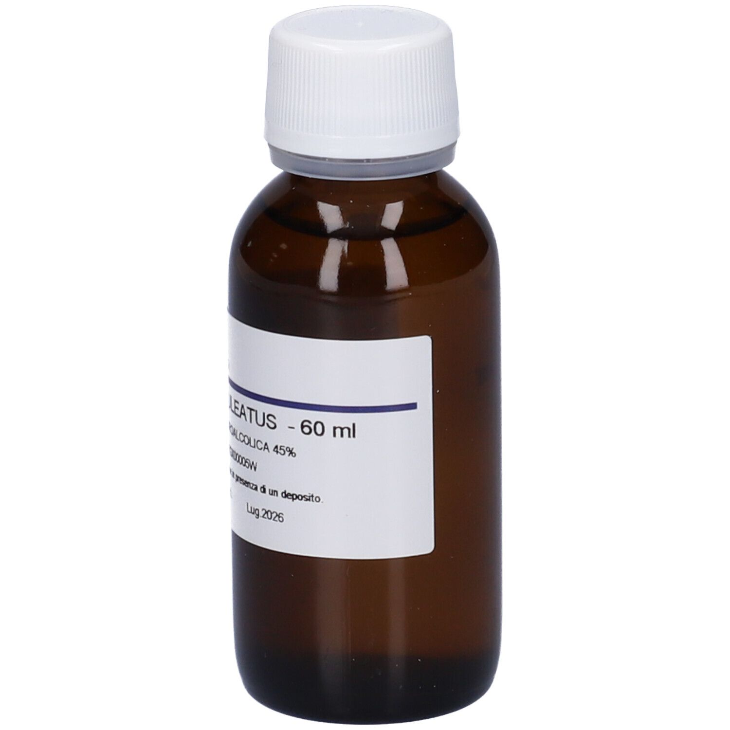 Flacone di vetro marrone con tappo bianco ed etichetta. Scritta: Ruscus Aculeatus - 60 ml.