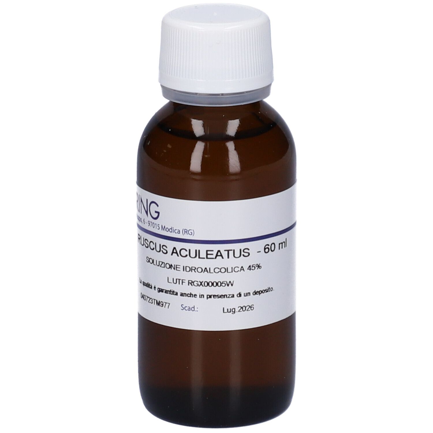 Flacone di vetro marrone con tappo bianco ed etichetta. Scritta: Ruscus Aculeatus - 60 ml, Soluzione Idroalcolica.
