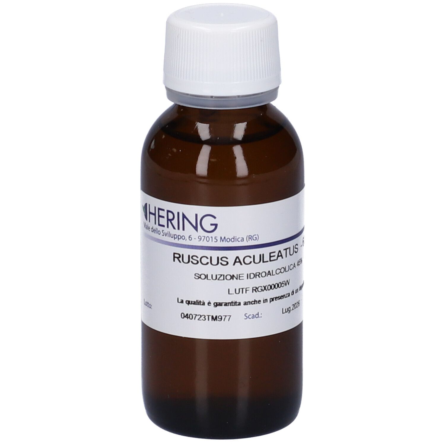 Flacone di vetro marrone con tappo bianco ed etichetta. Scritta: Ruscus Aculeatus, Soluzione Idroalcolica.