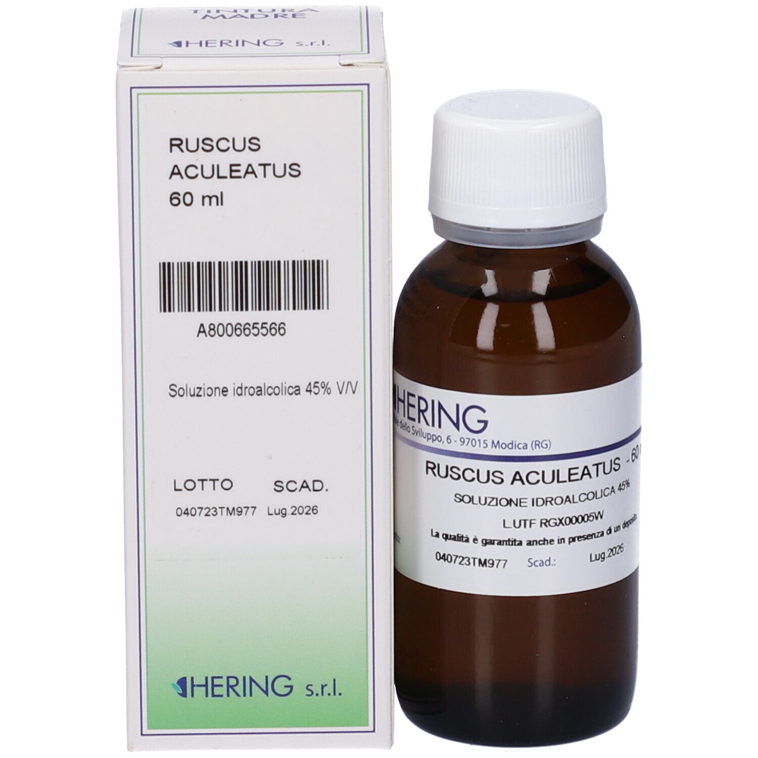 Flacone e confezione. Flacone: vetro marrone, tappo bianco. Confezione: bianca, testo.