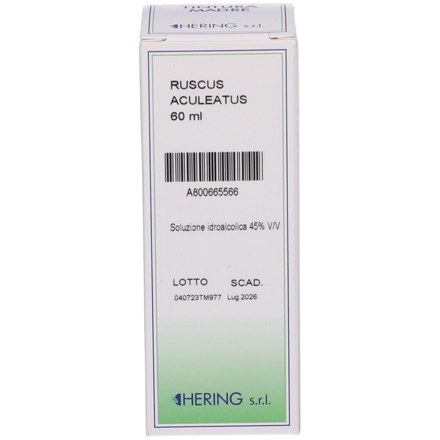 Confezione bianca con testo e codice a barre. Scritta: Ruscus Aculeatus, 60 ml.