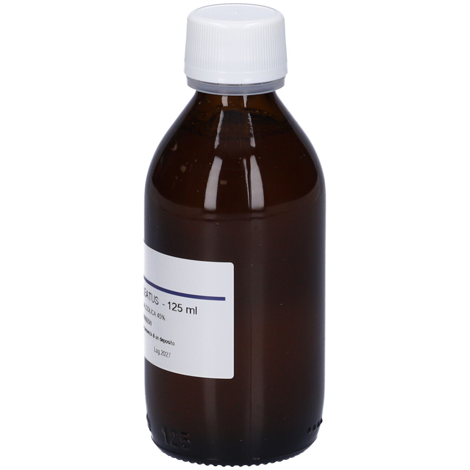 Flacone di vetro marrone con tappo bianco ed etichetta. Scritta: 125 ml.