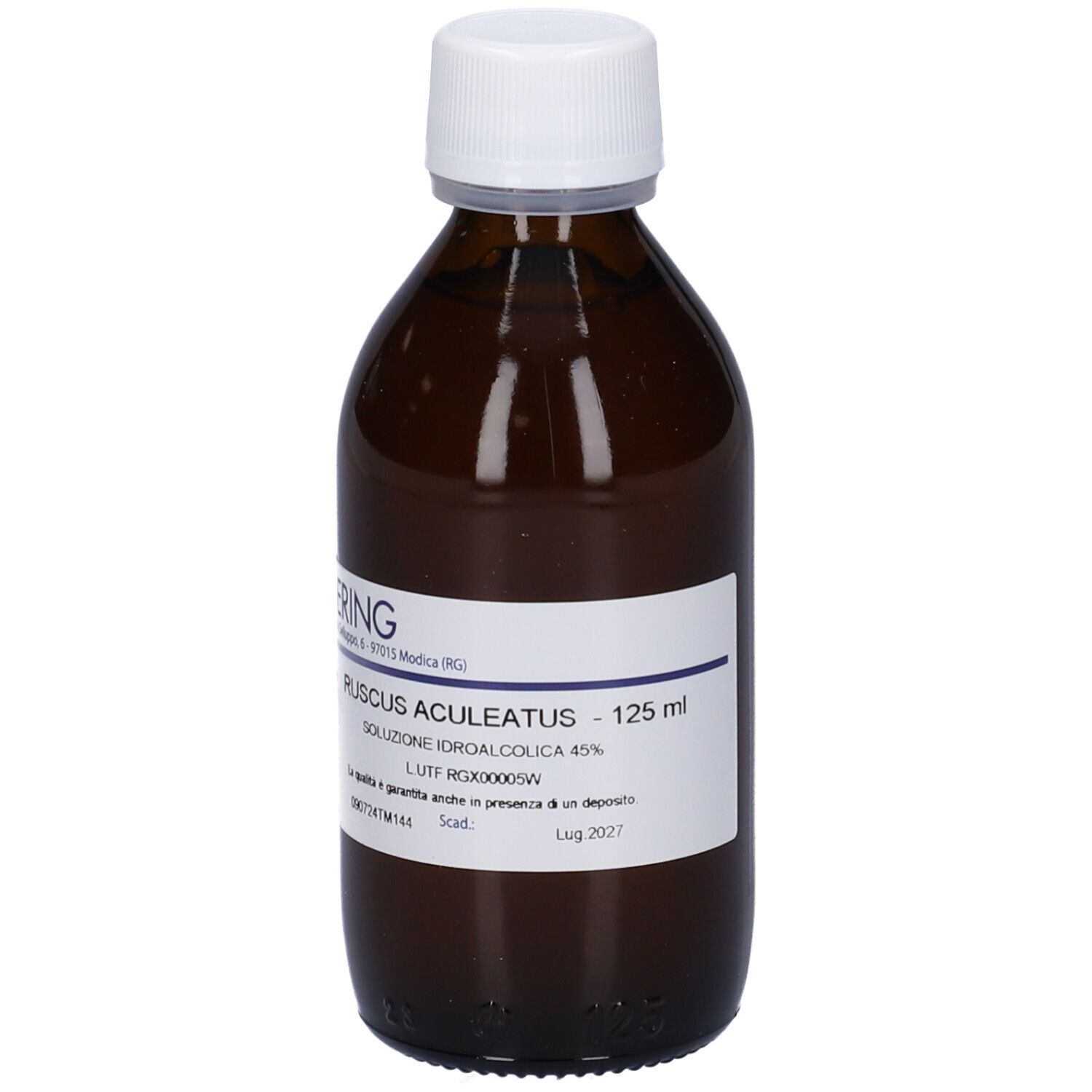 Flacone di vetro marrone con tappo bianco ed etichetta. Scritta: Ruscus Aculeatus, 125 ml.