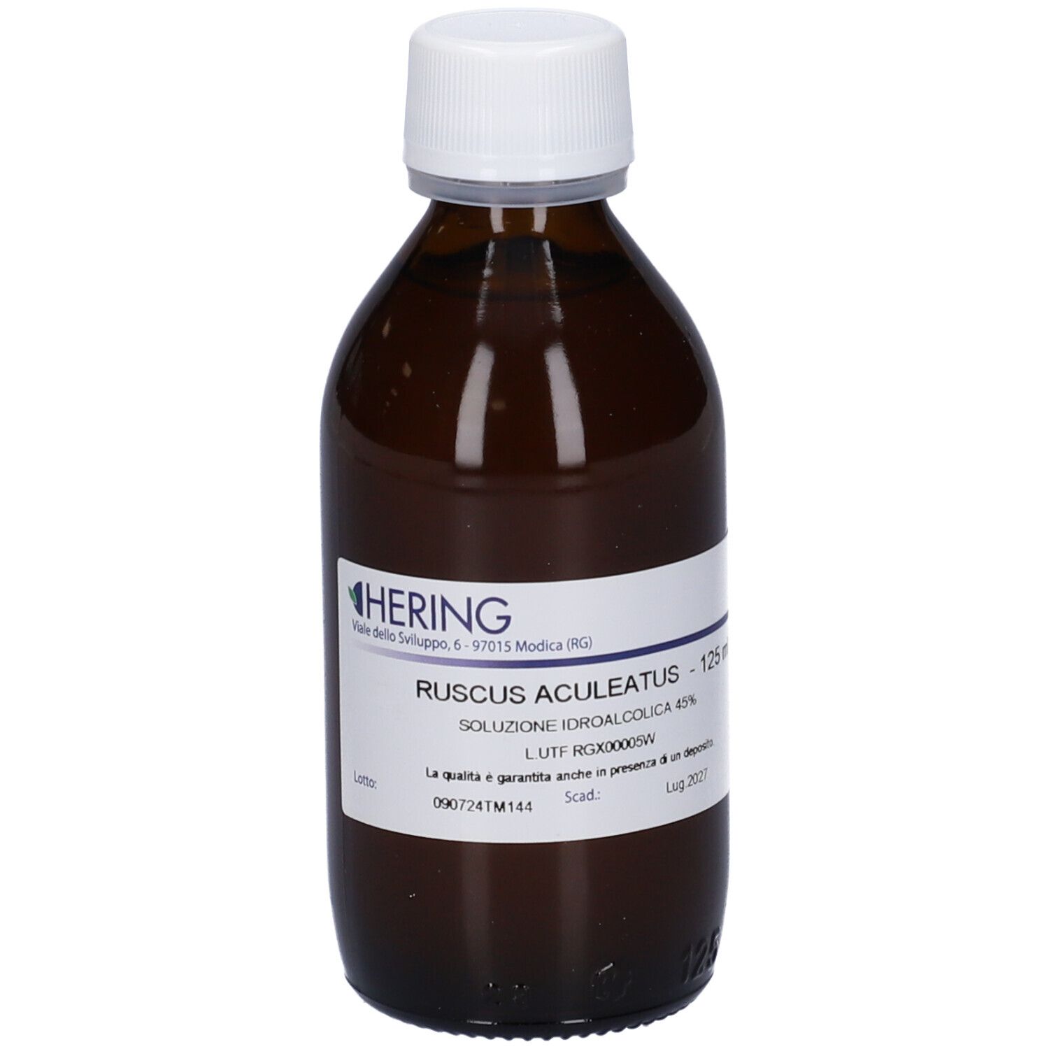 Flacone di vetro marrone con tappo bianco ed etichetta. Scritta: Ruscus Aculeatus, 125 ml.