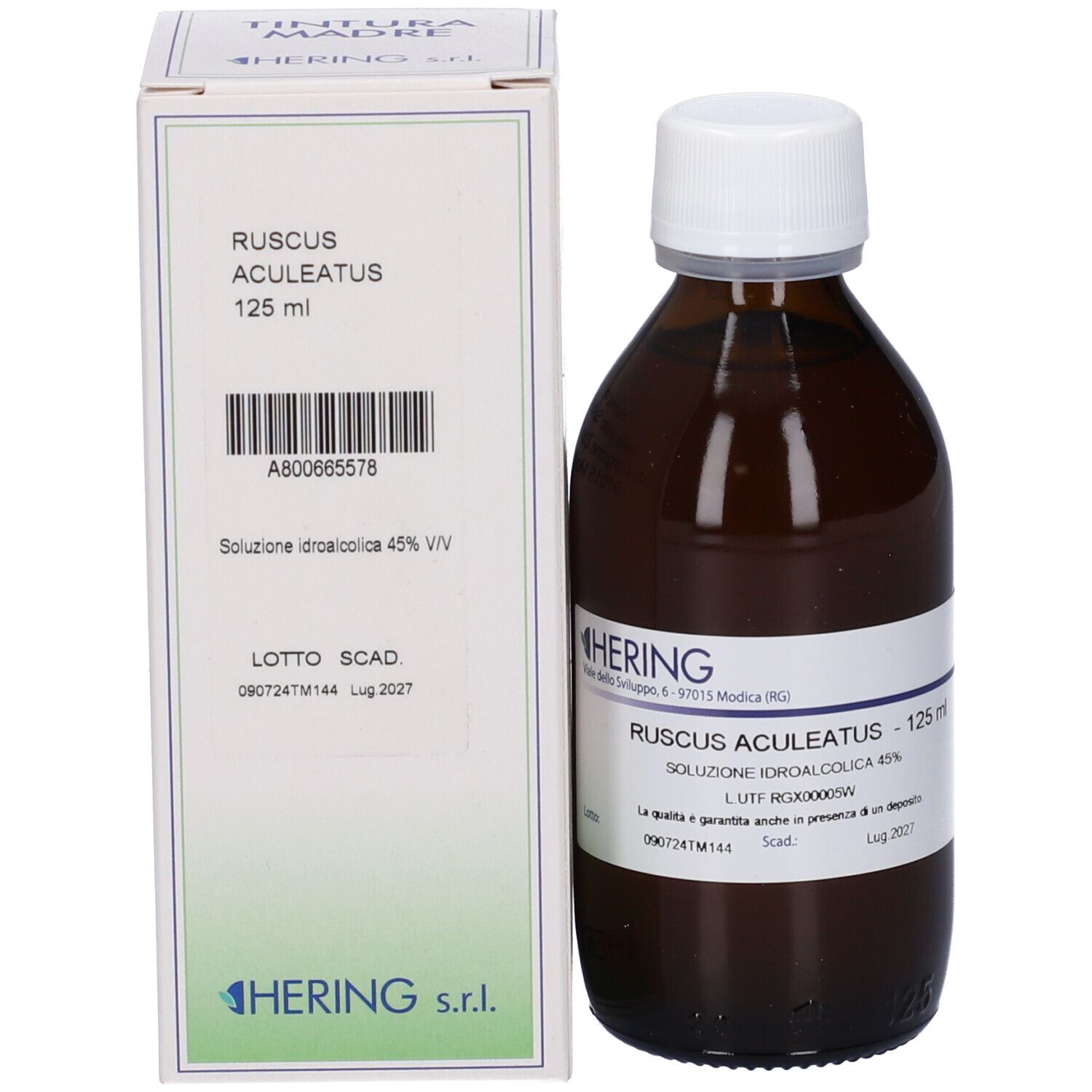 Flacone di vetro marrone con tappo bianco e scatola. Scritta: Ruscus Aculeatus, 125 ml.