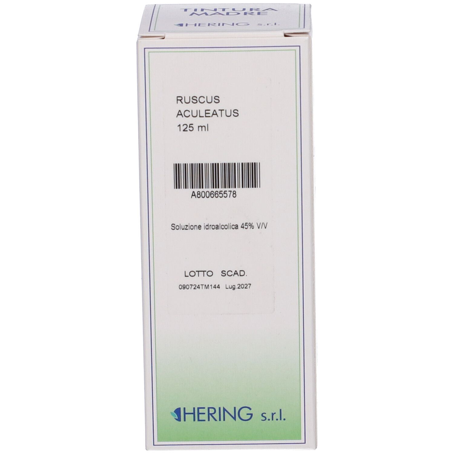 Scatola bianca con scritta: Ruscus Aculeatus, 125 ml. Bottiglia accanto.