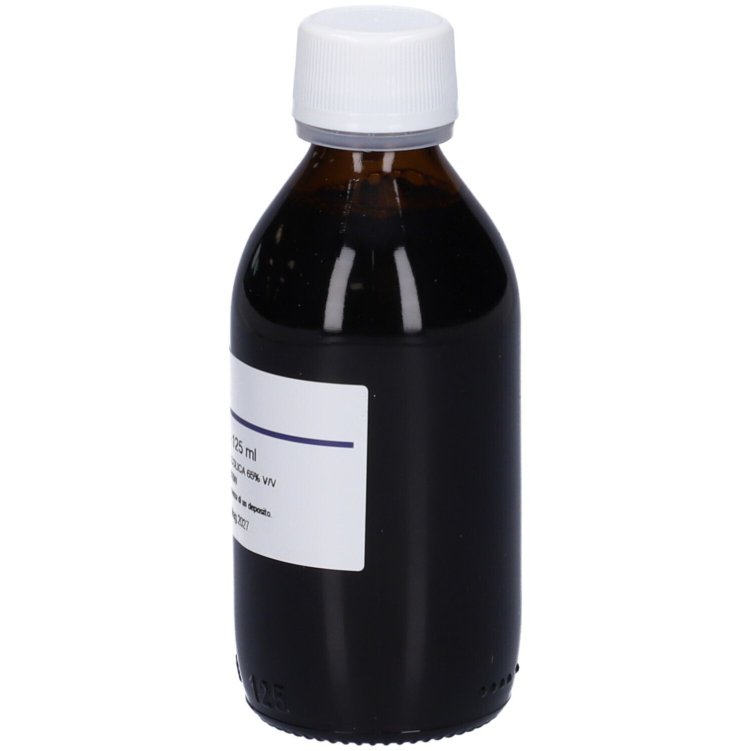 Flacone di vetro marrone con tappo bianco ed etichetta. Scritta: Salix Alba, 125 ml.