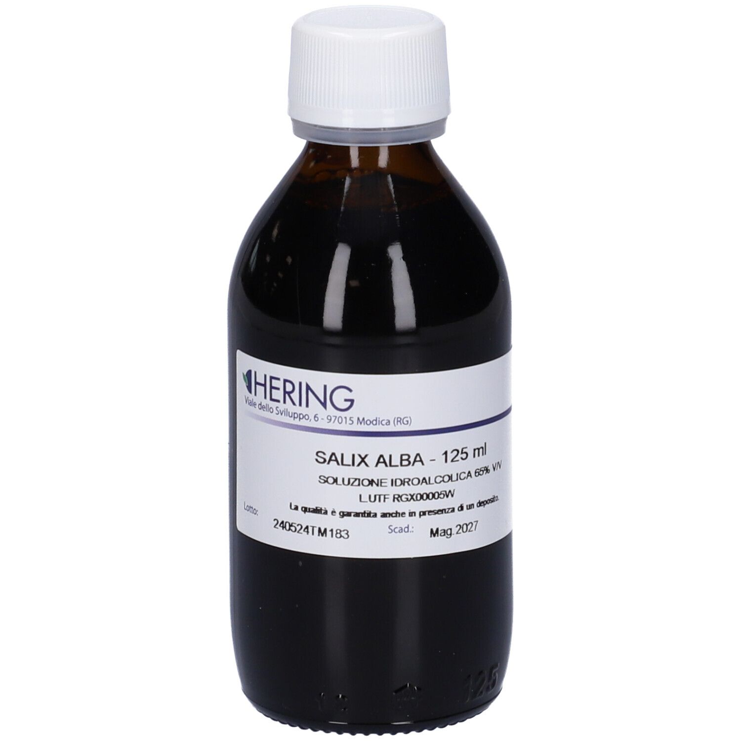 Flacone di vetro marrone con tappo bianco ed etichetta. Scritta: Salix Alba, 125 ml, soluzione.