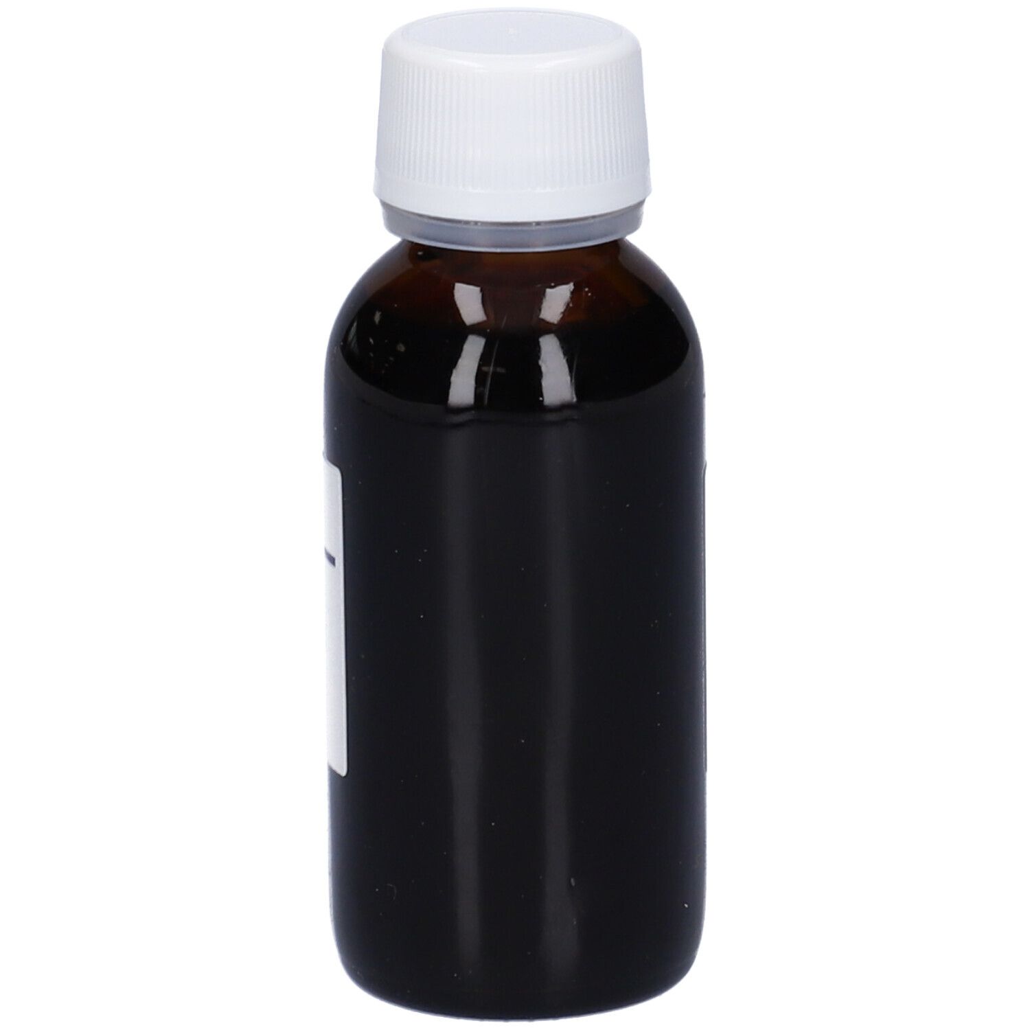 Flacone di vetro marrone con tappo bianco. Etichetta con testo. Marchio: Hering.