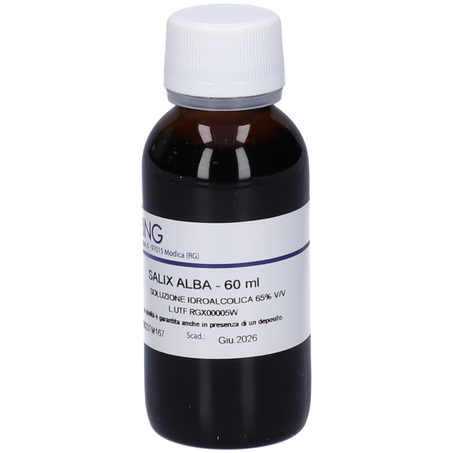 Flacone di vetro marrone con tappo bianco ed etichetta. Scritta: Salix Alba - 60 ml. Marchio: Hering.