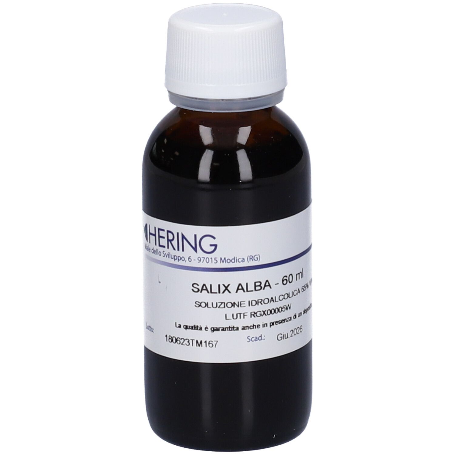 Flacone di vetro marrone con tappo bianco ed etichetta. Scritta: Salix Alba - 60 ml. Marchio: Hering.