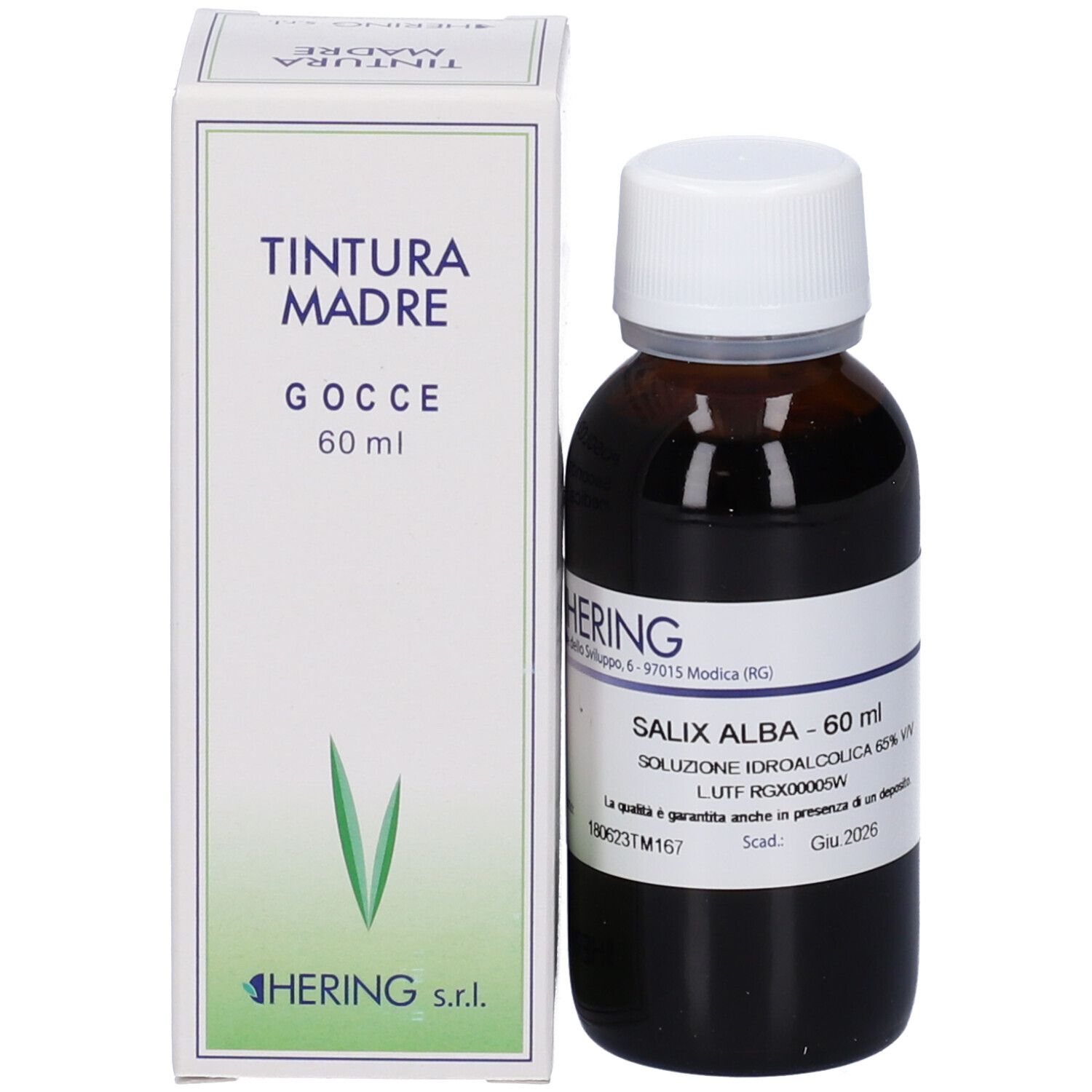 Flacone di vetro marrone con tappo bianco ed etichetta, accanto a una scatola bianca. Scritta: Salix Alba - 60 ml. Marchio: Hering.