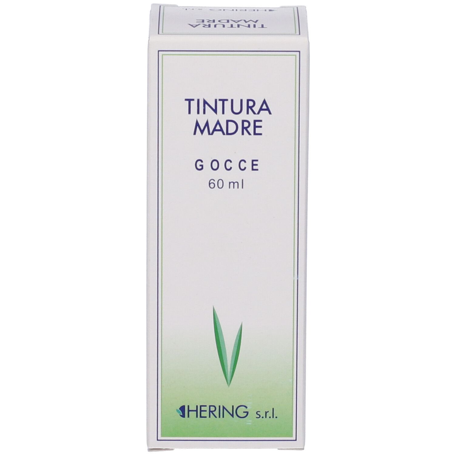 Scatola bianca con disegno verde e testo. Scritta: Tintura Madre, Gocce, 60 ml. Marchio: Hering.