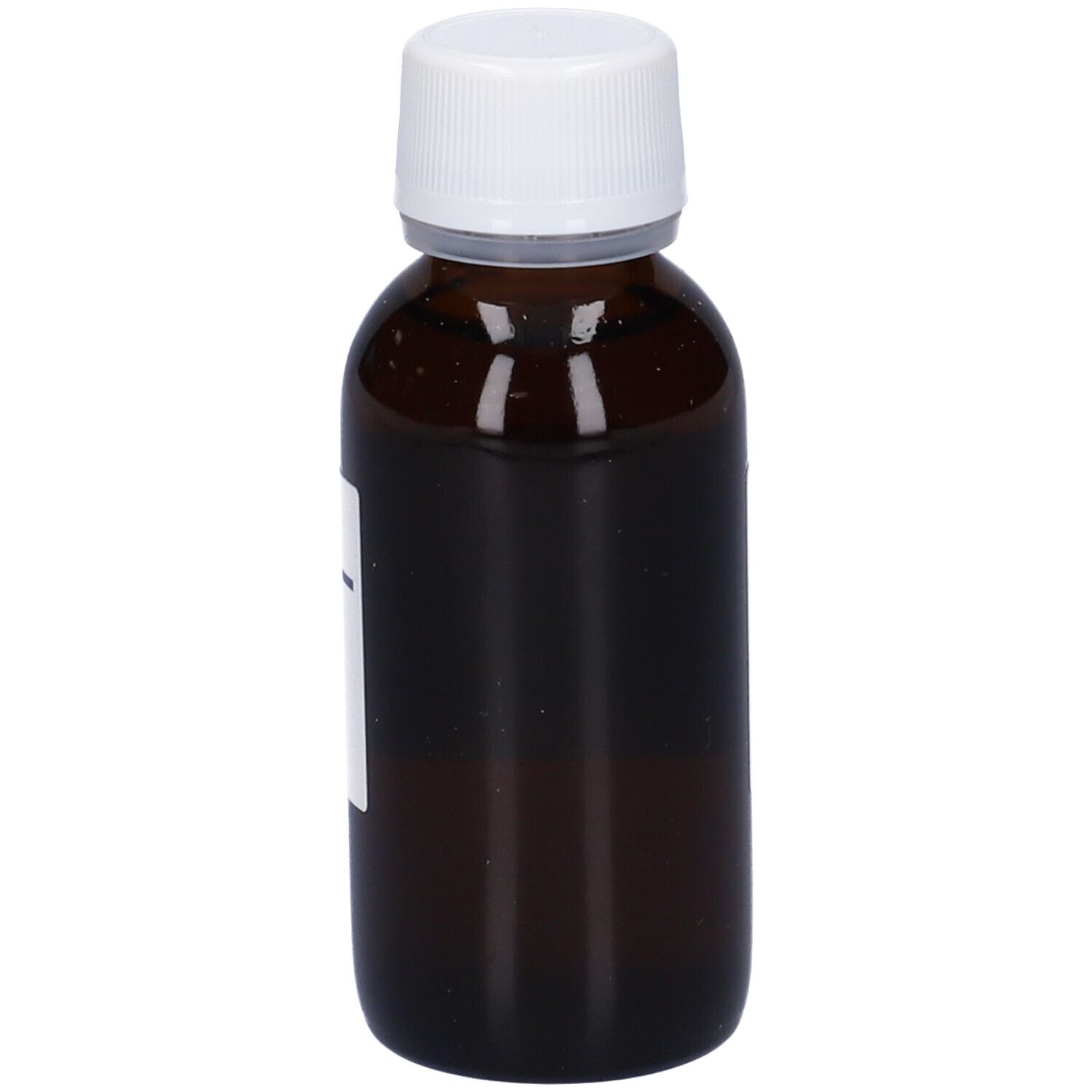 Flacone di vetro marrone con tappo bianco. Nessuna etichetta visibile.