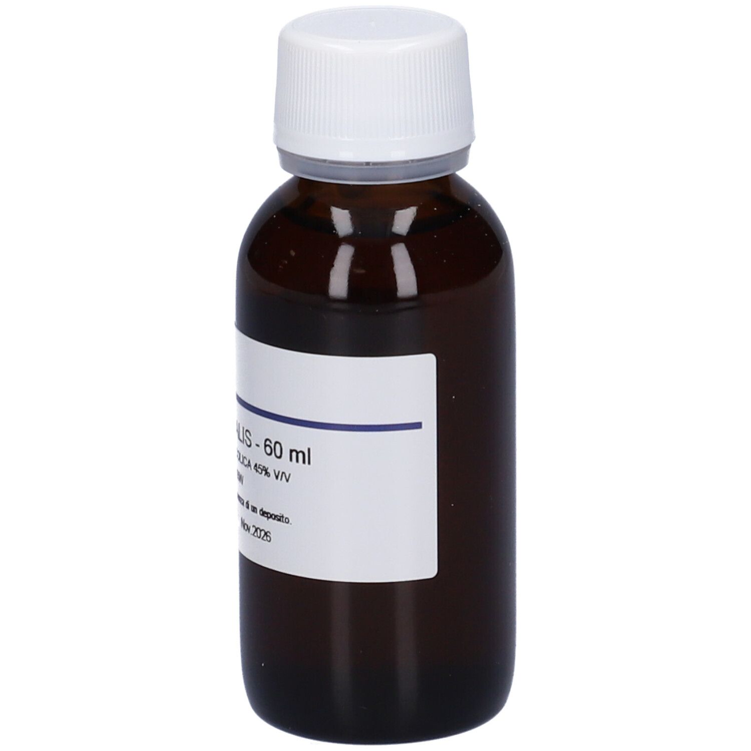 Flacone di vetro marrone con tappo bianco ed etichetta. L'etichetta riporta "-60 ml".