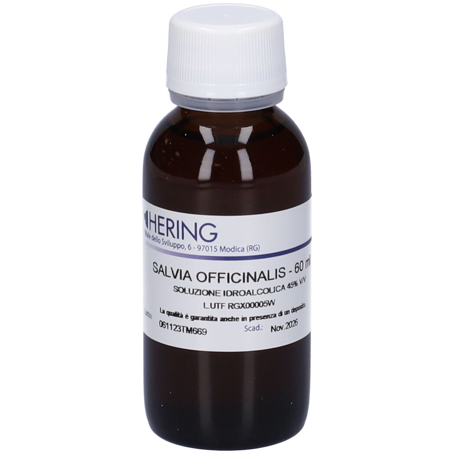 Flacone di vetro marrone con tappo bianco ed etichetta. L'etichetta riporta "Salvia Officinalis - 60 ml".