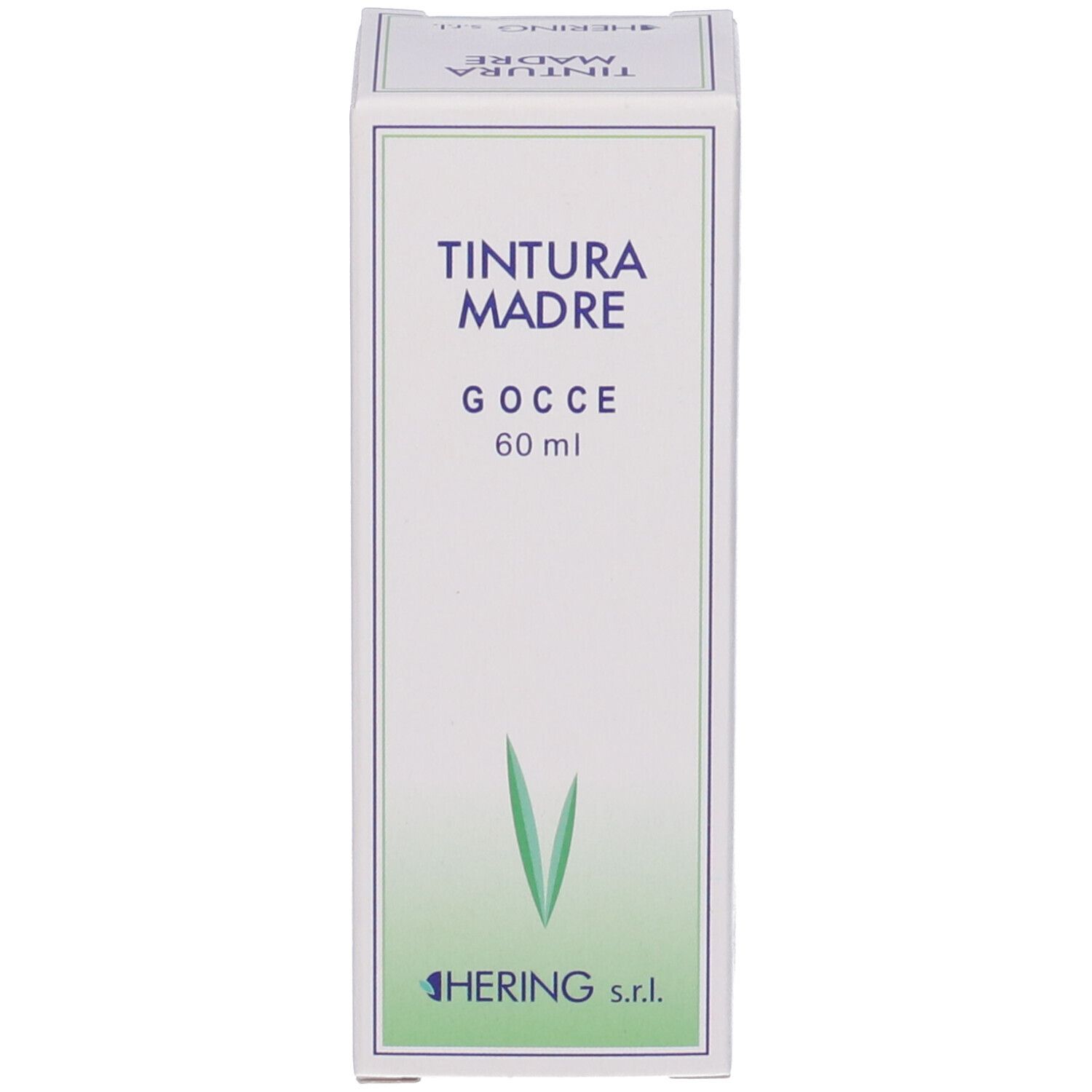Scatola bianca con foglie verdi e testo. La scatola indica "TINTURA MADRE GOCCE 60 ml".