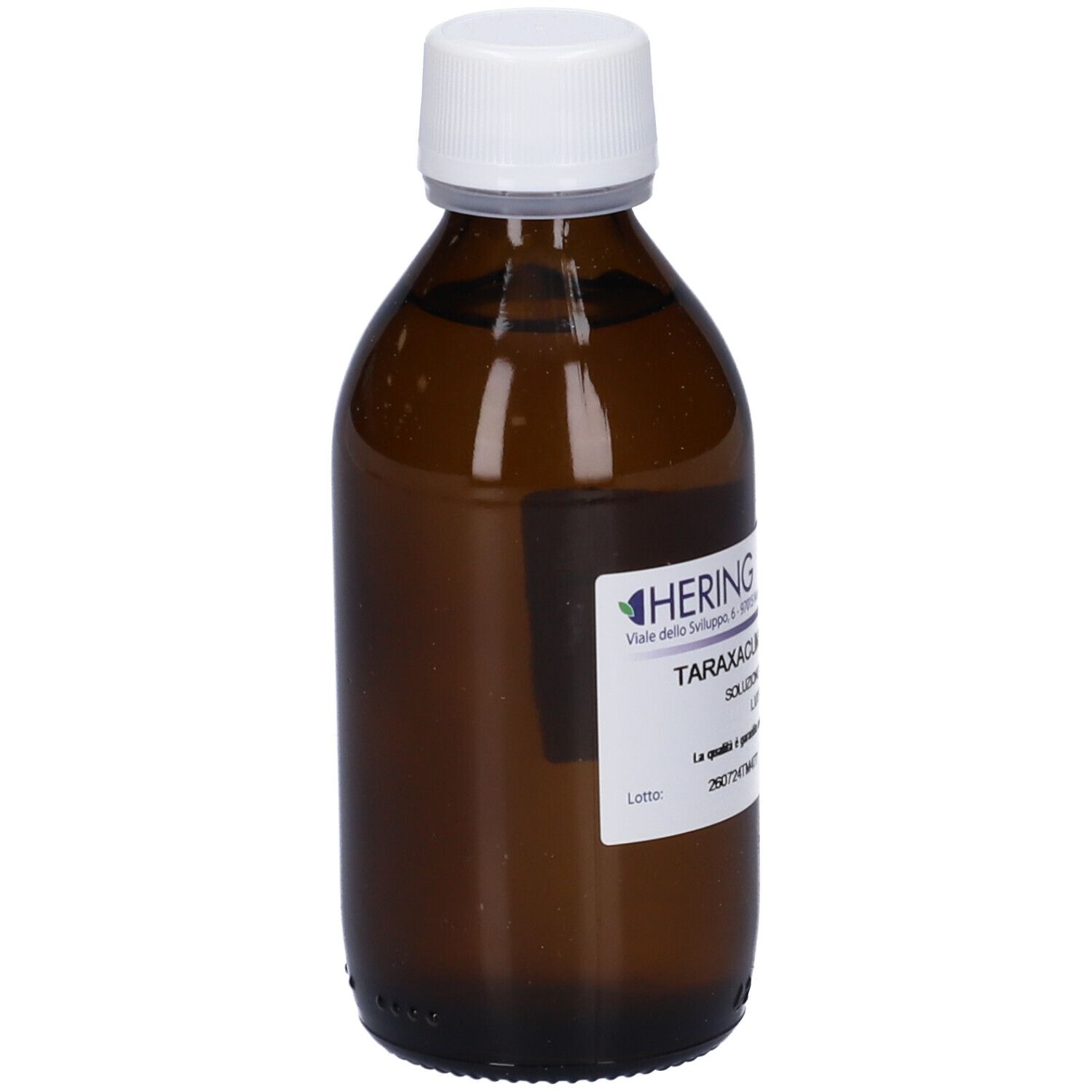 Flacone di vetro marrone con tappo bianco ed etichetta. Scritta: Hering, Taraxacum Officinalis.