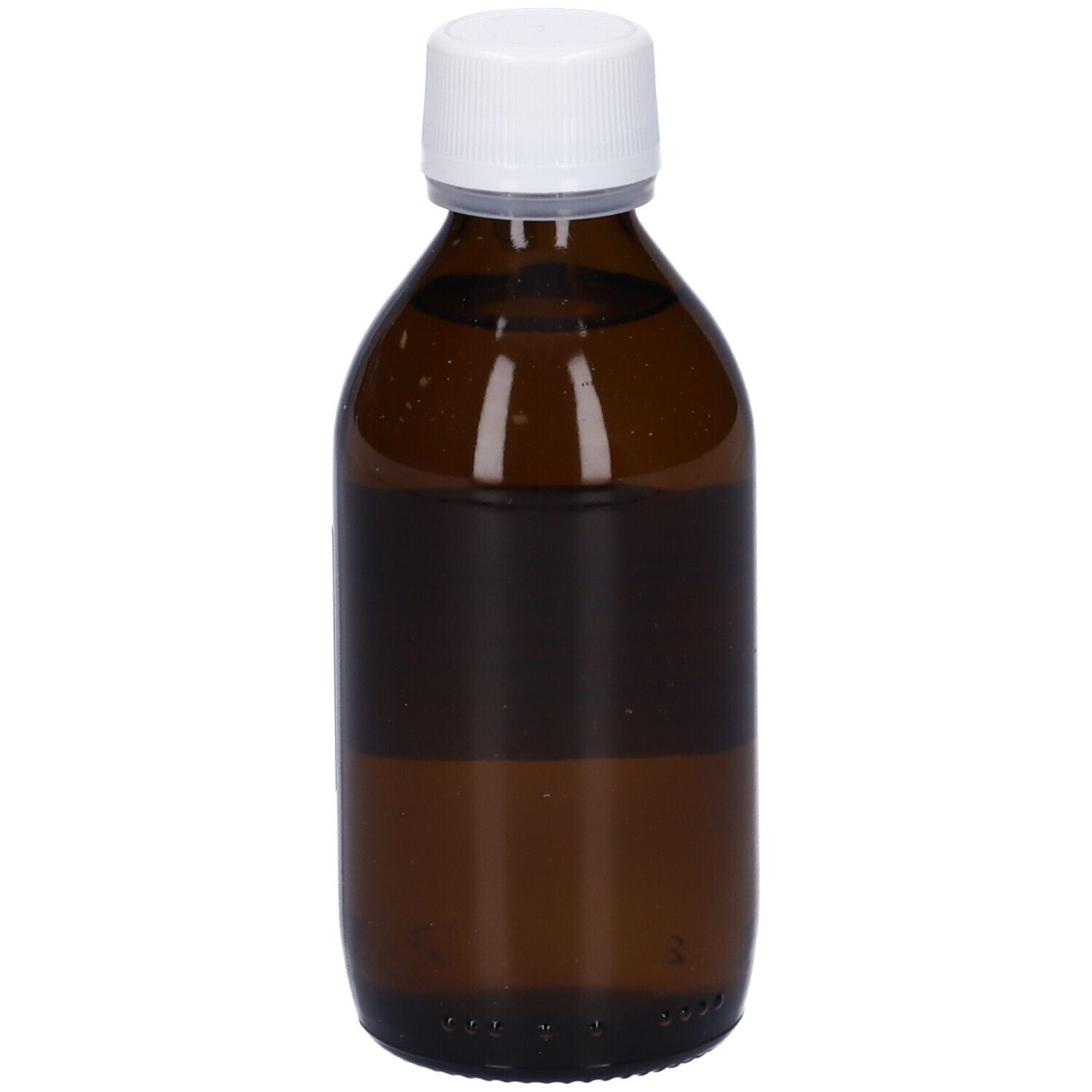 Flacone di vetro marrone con tappo bianco. Liquido visibile. Nessun altro dettaglio.
