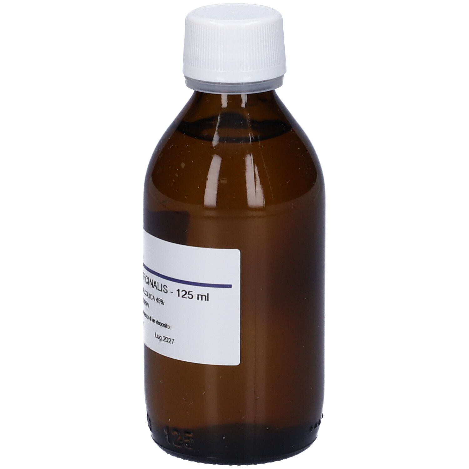 Flacone di vetro marrone con tappo bianco ed etichetta. Scritta: Taraxacum Officinalis 125 ml.