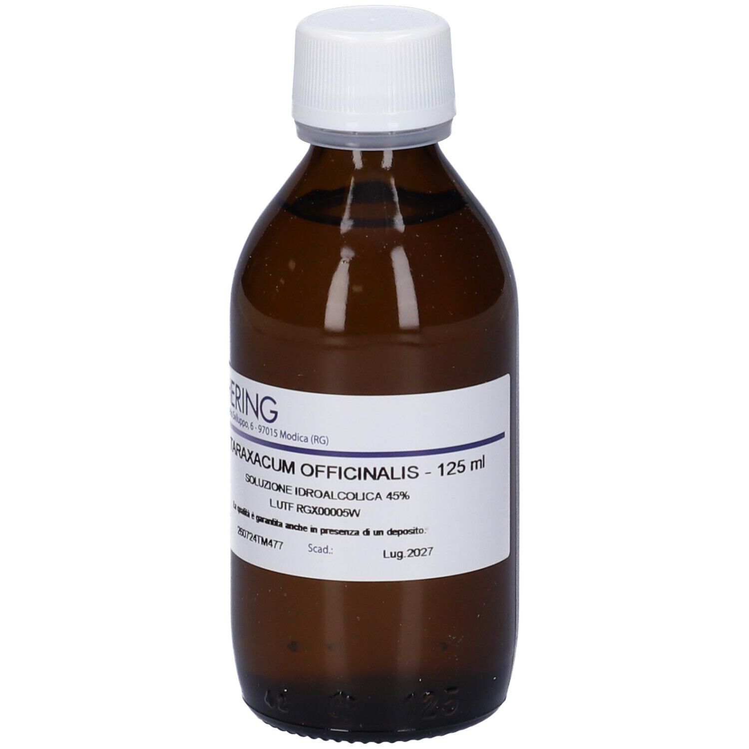 Flacone di vetro marrone con tappo bianco ed etichetta. Scritta: Hering, Taraxacum Officinalis 125 ml.