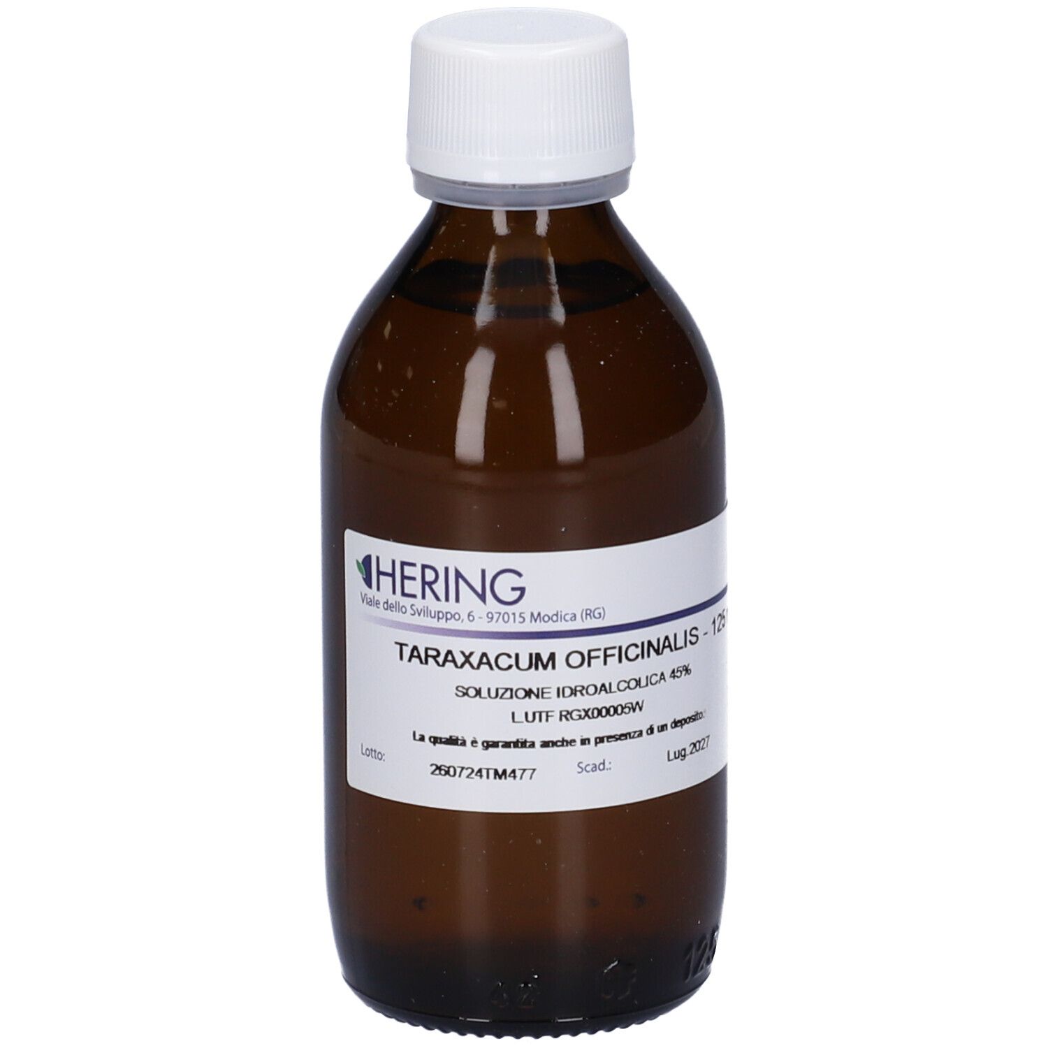 Flacone di vetro marrone con tappo bianco ed etichetta. Scritta: Hering, Taraxacum Officinalis 125 ml.