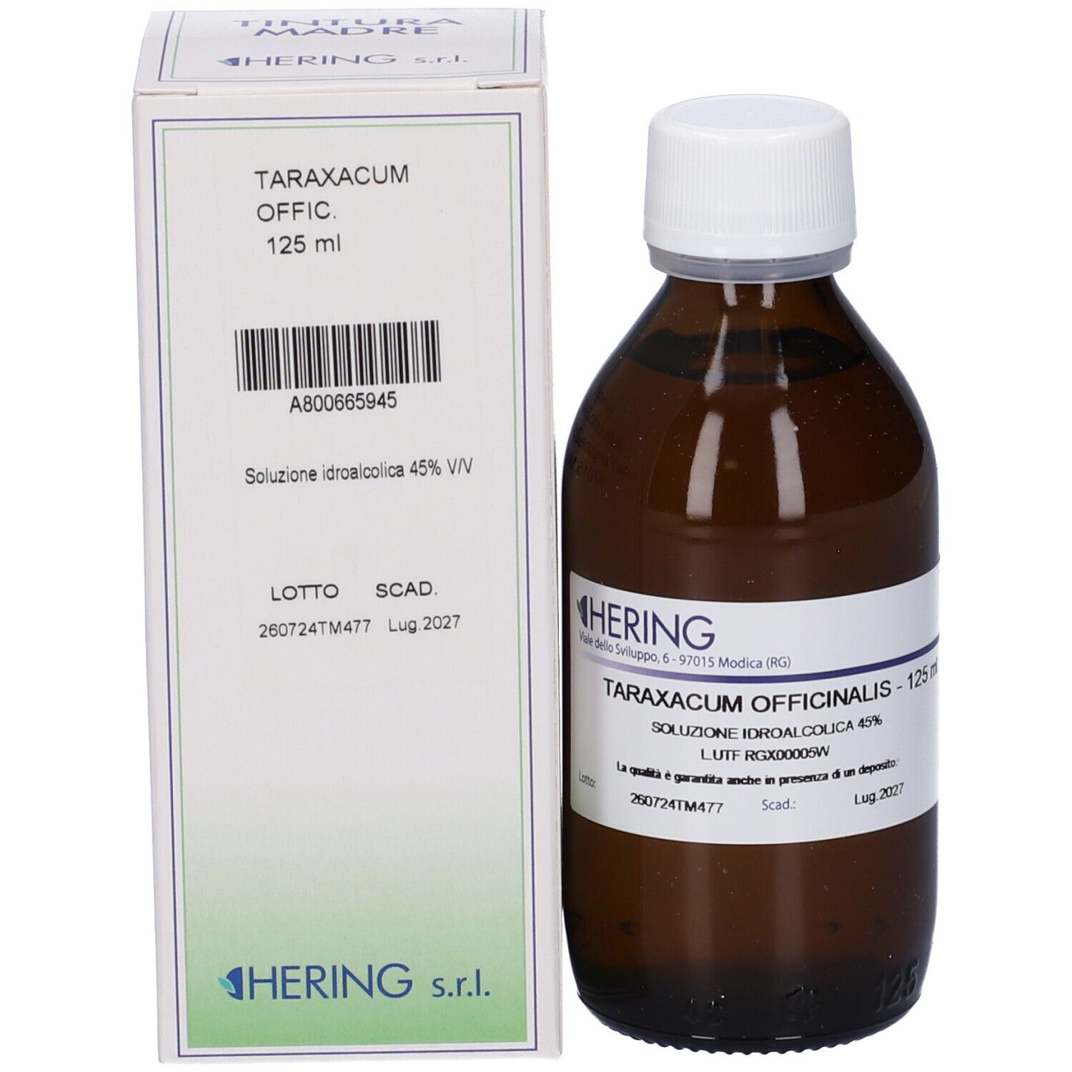 Flacone e confezione del prodotto. Flacone: vetro marrone, tappo bianco. Confezione: bianca, scritta.