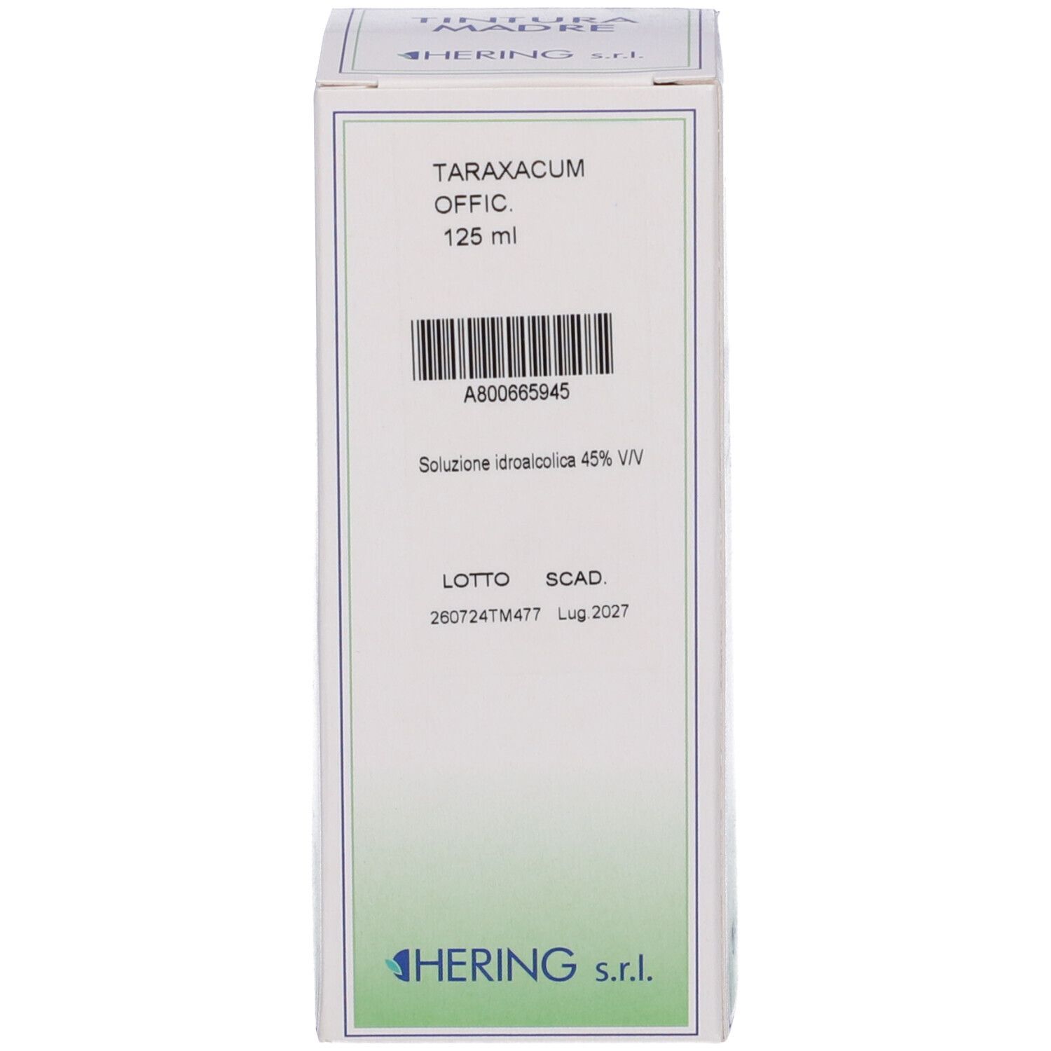 Confezione bianca del prodotto con scritta. Logo: Hering. Testo: Taraxacum Officinalis 125 ml.