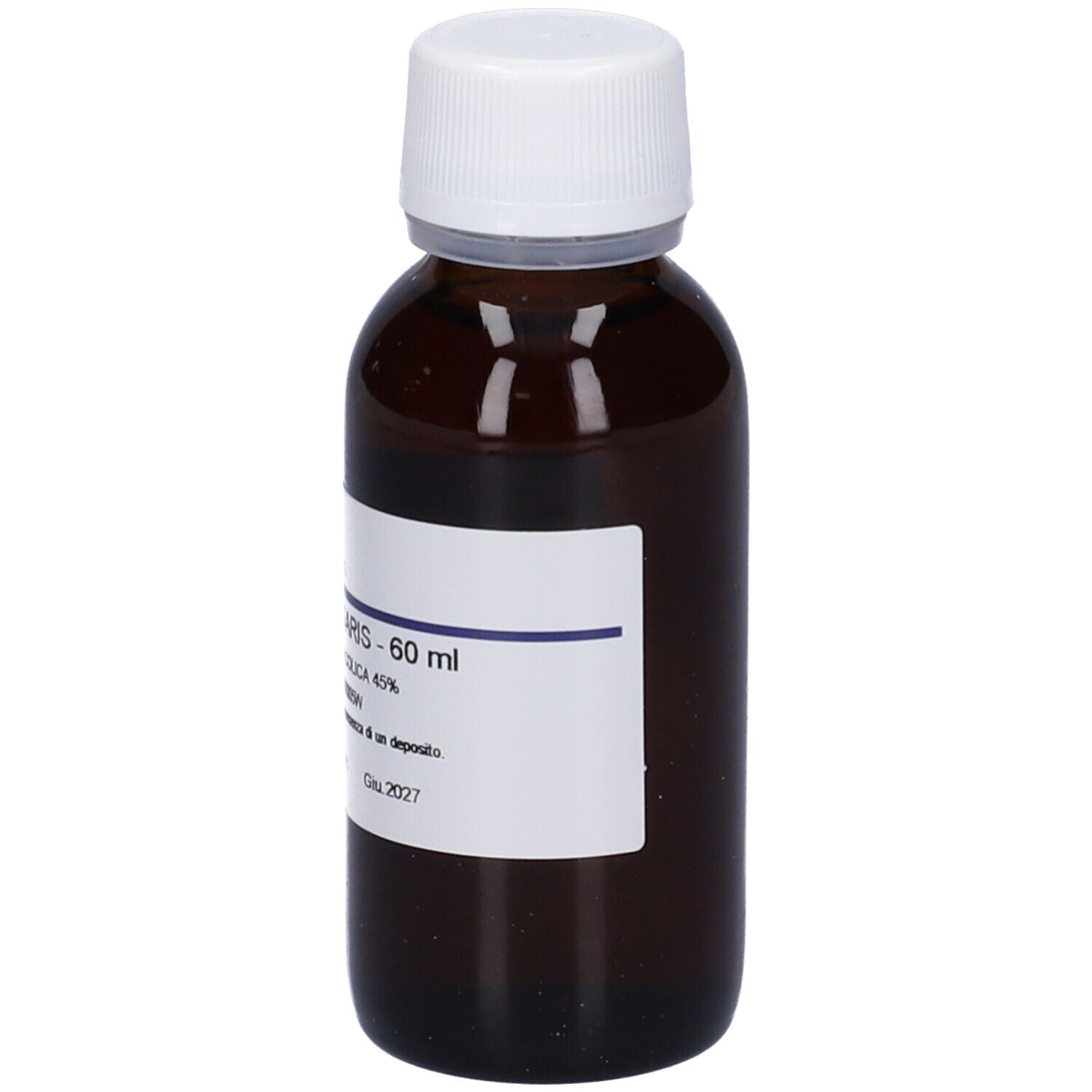 Flacone di vetro marrone con tappo bianco ed etichetta. Scritta: Thymus Vulgaris, 60 ml, soluzione.