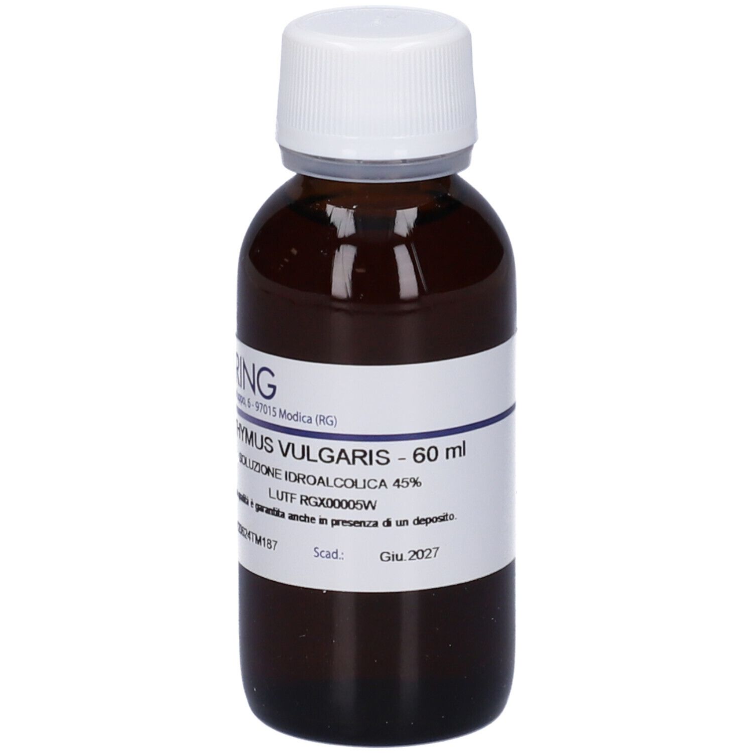 Flacone di vetro marrone con tappo bianco ed etichetta. Scritta: Thymus Vulgaris, 60 ml, soluzione.