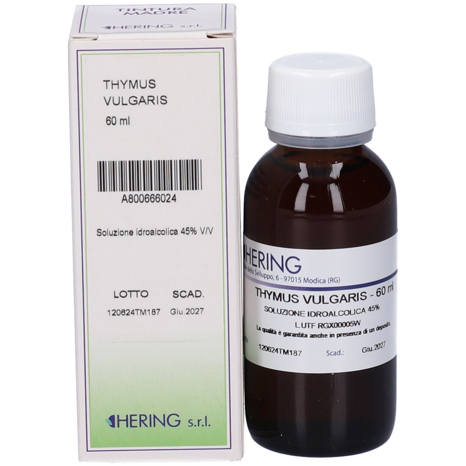 Flacone di vetro marrone con tappo bianco ed etichetta accanto a una scatola bianca. Scritta: Thymus Vulgaris, 60 ml.
