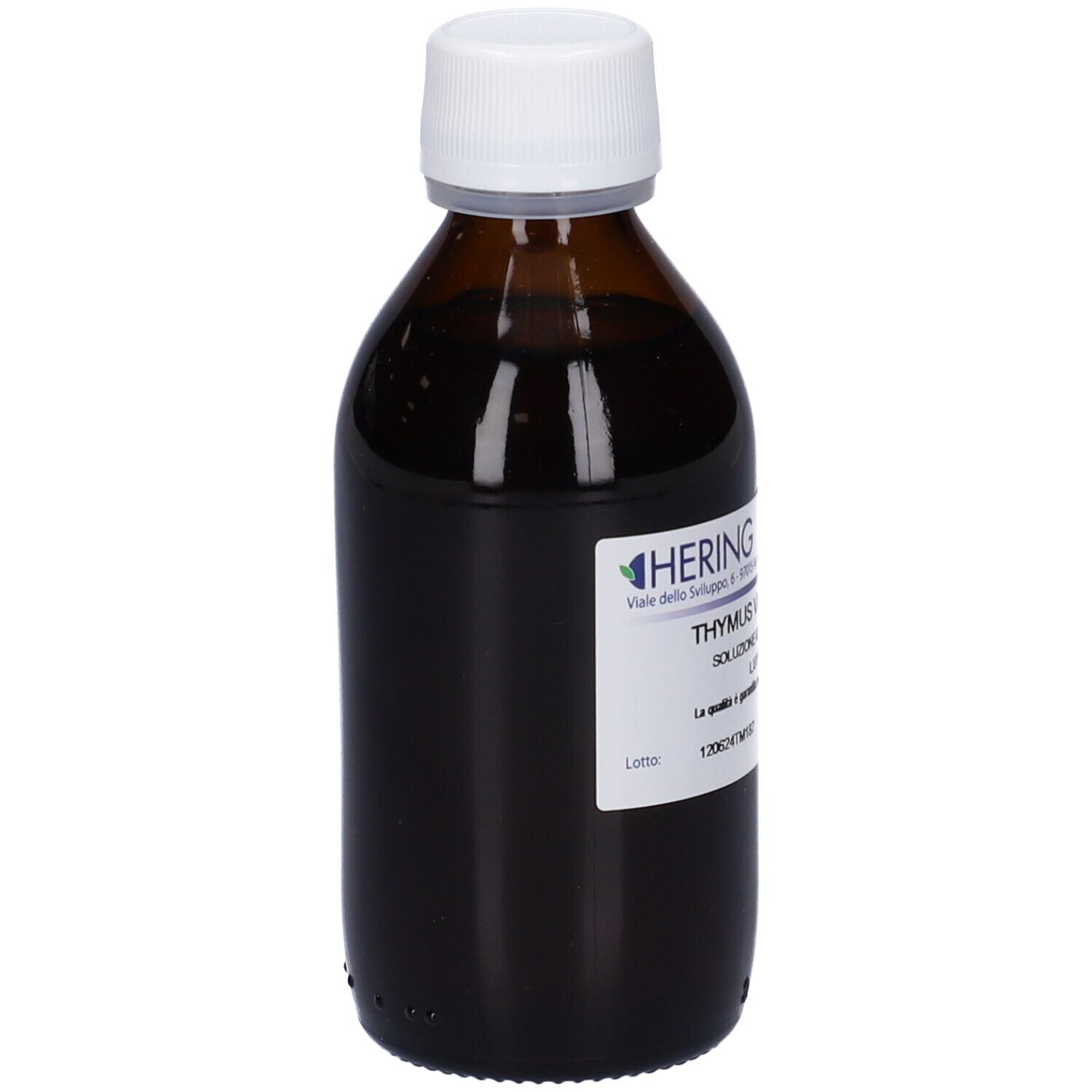 Flacone di vetro marrone con tappo bianco. Etichetta con testo: Thymus Vulgaris, 125 ml, Soluzione Idroalcolica 45%.