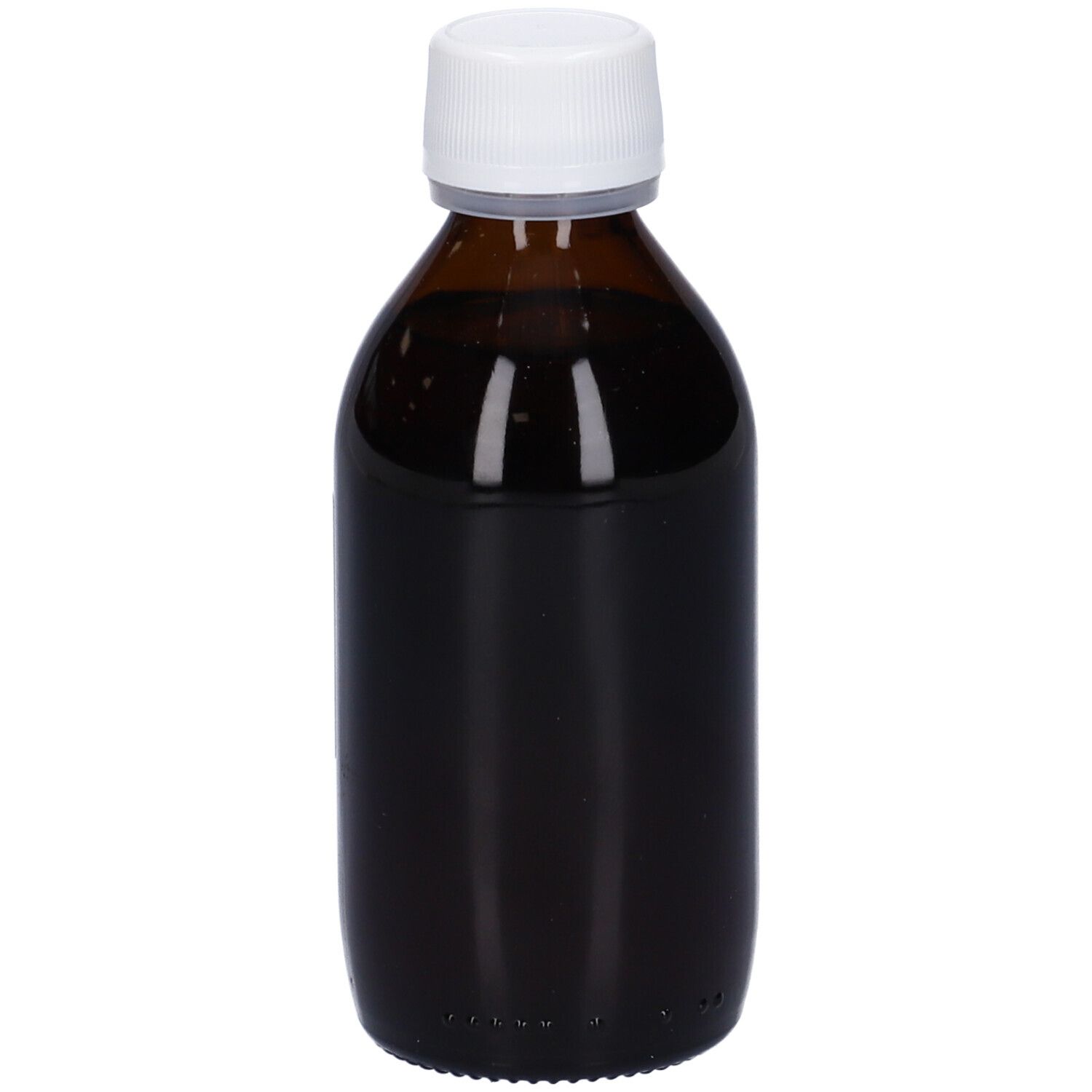 Flacone di vetro marrone con tappo bianco. Etichetta con testo: Thymus Vulgaris, 125 ml, Soluzione Idroalcolica 45%.