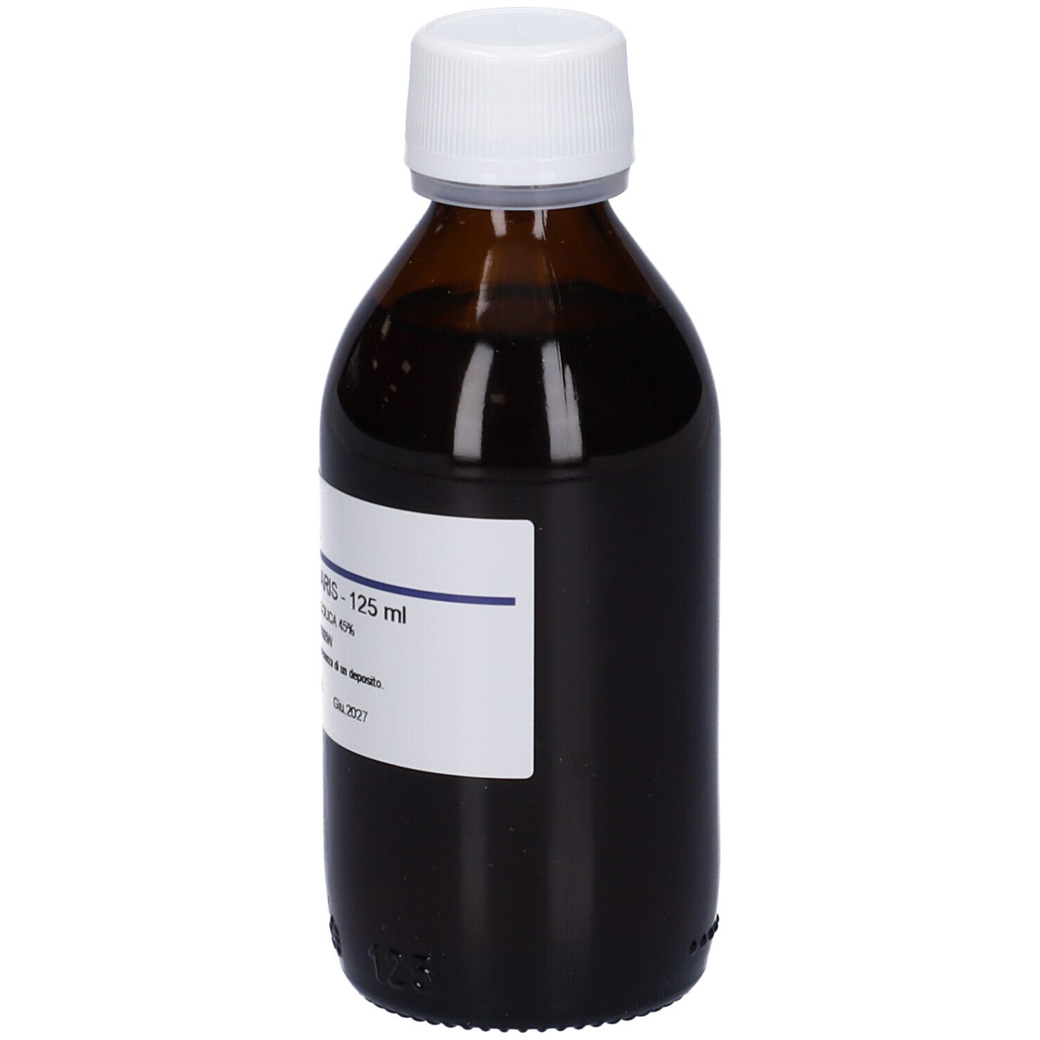 Flacone di vetro marrone con tappo bianco. Etichetta con testo: Thymus Vulgaris, 125 ml, Soluzione Idroalcolica 45%.