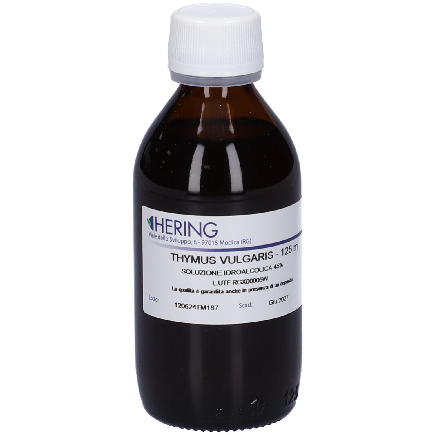 Flacone di vetro marrone con tappo bianco. Etichetta con testo: Thymus Vulgaris, 125 ml, Soluzione Idroalcolica 45%.
