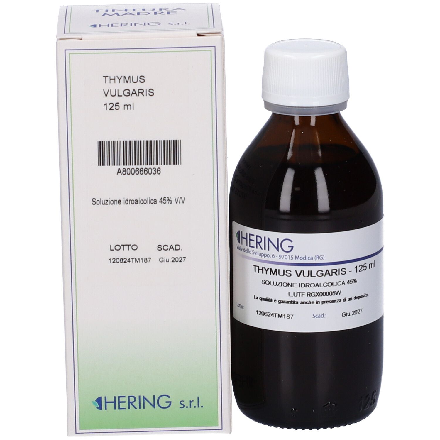 Flacone marrone con tappo bianco e scatola. Scatola con testo: Thymus Vulgaris, 125 ml, Soluzione Idroalcolica 45%.