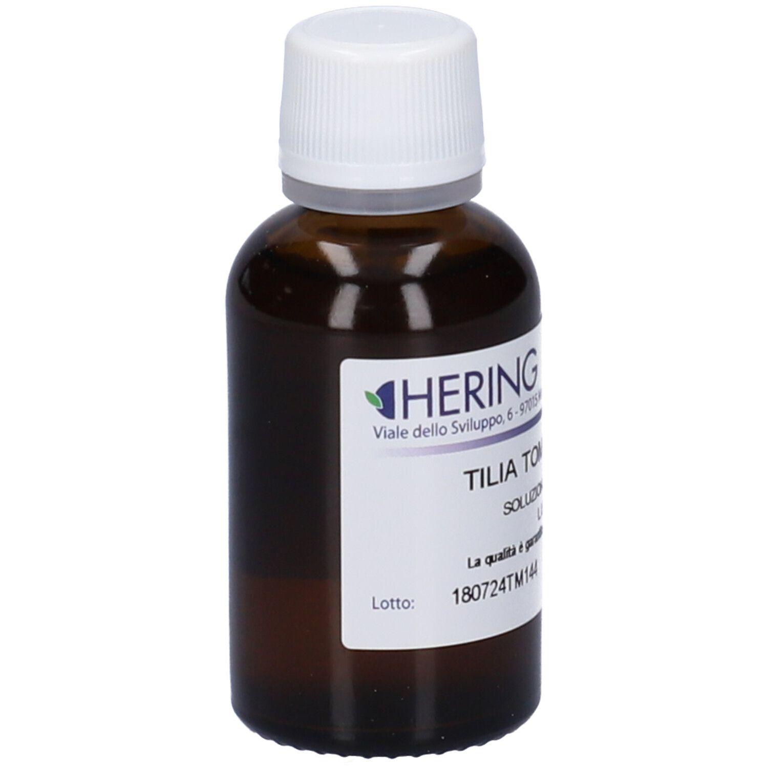 Flacone di vetro marrone con etichetta bianca e tappo a vite. Scritta: Tilia Tomentosa, soluzione.