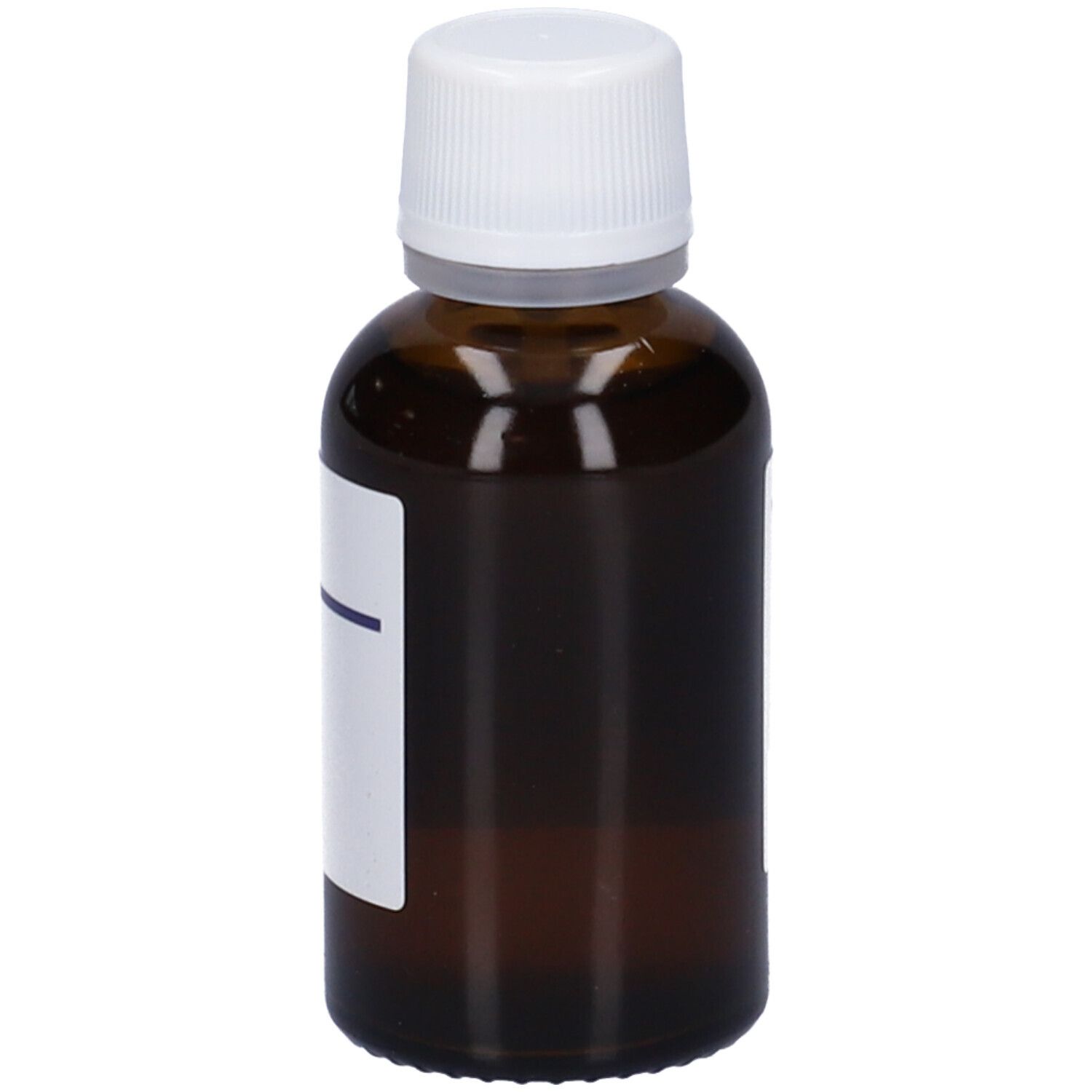 Flacone di vetro marrone con etichetta bianca e tappo a vite. Solo una parte dell'etichetta è visibile.