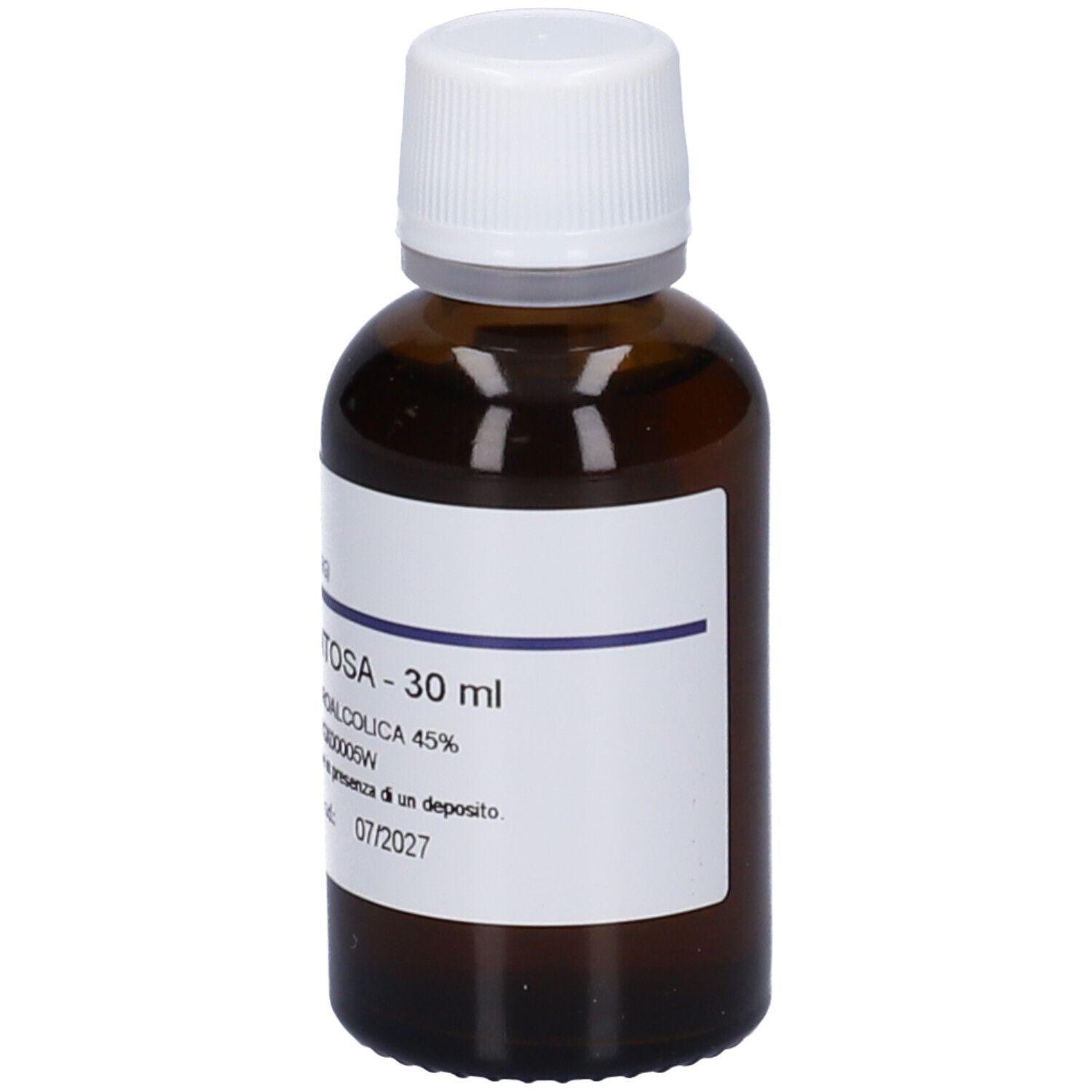 Flacone di vetro marrone con etichetta bianca e tappo a vite. Scritta: Tilia Tomentosa, 30 ml, soluzione.